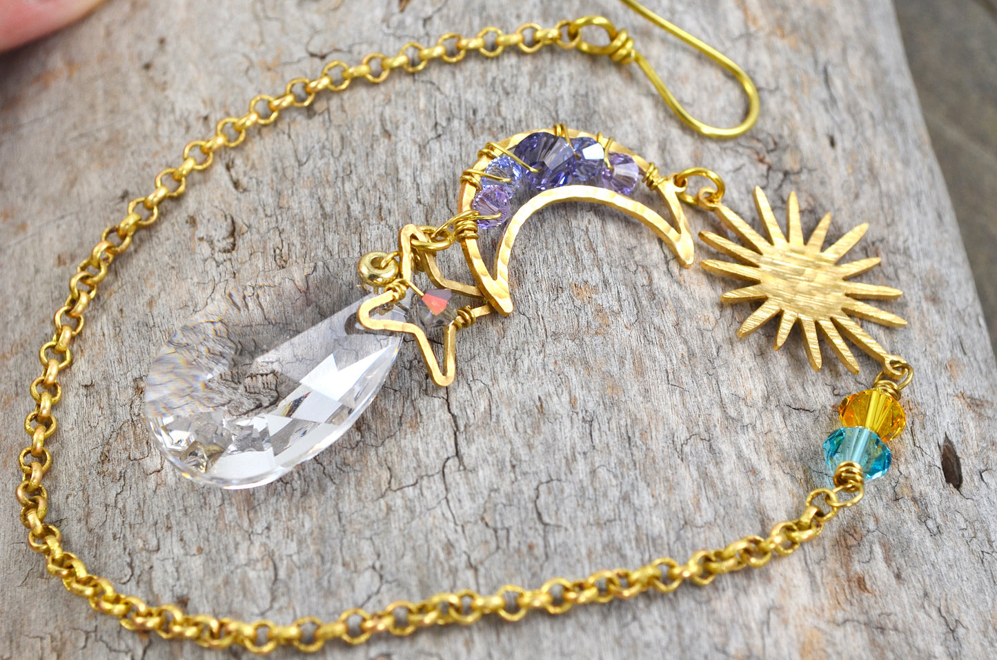 Boho Rear View Mirror Car Charm, Sun Crescent Moon Star Crystal prisms auto decoration accessories