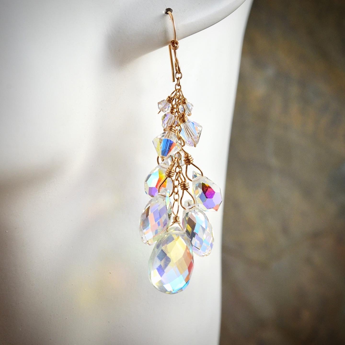 Rainbow Clear Aura Quartz and Crystal Waterfall Cluster earrings