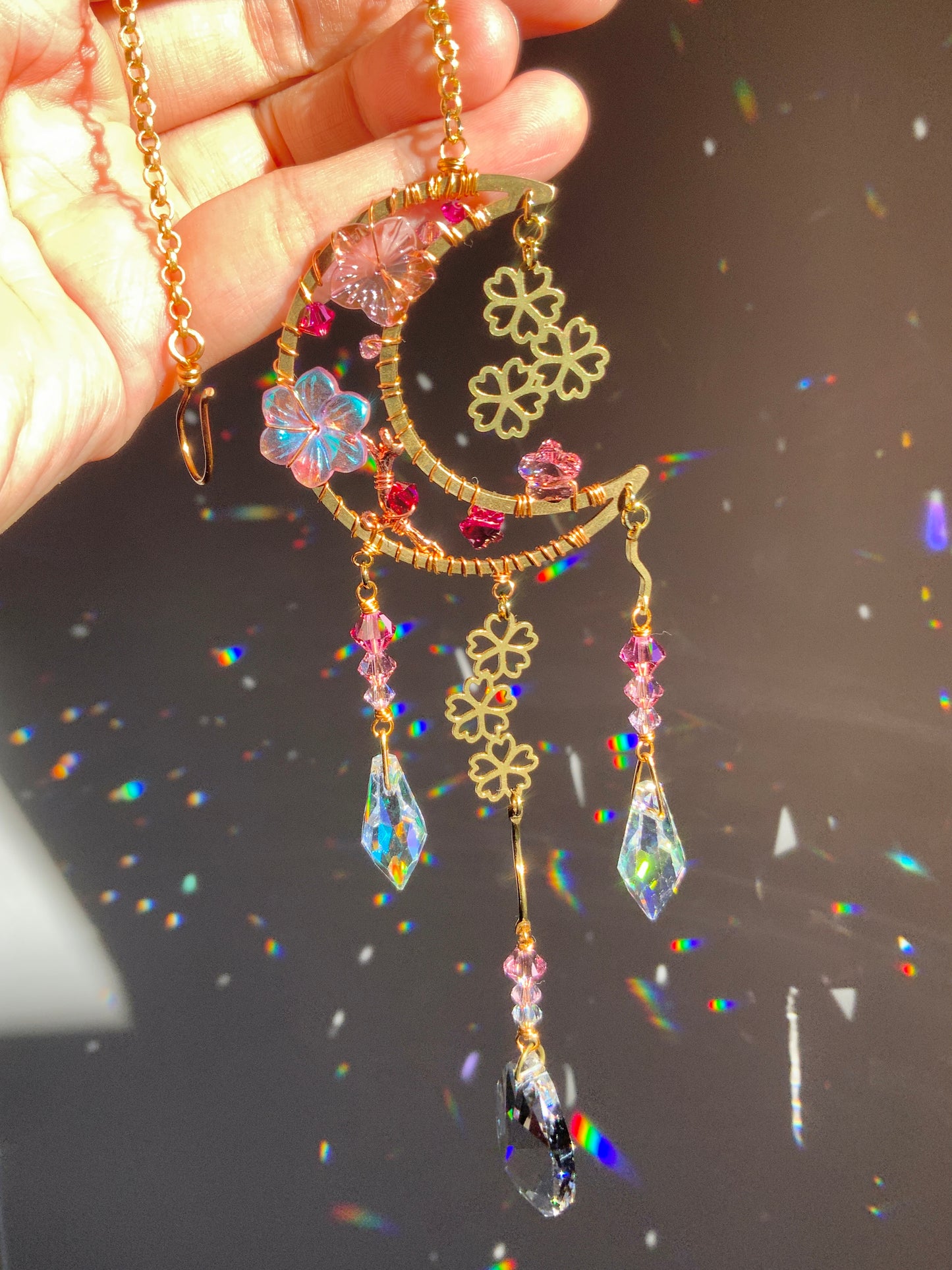 Sakura Moonglow Floral Aura Crystal Rear View Mirror Car Charm, Crescent Celestial auto decoration accessories made with 18k Gold-Plated