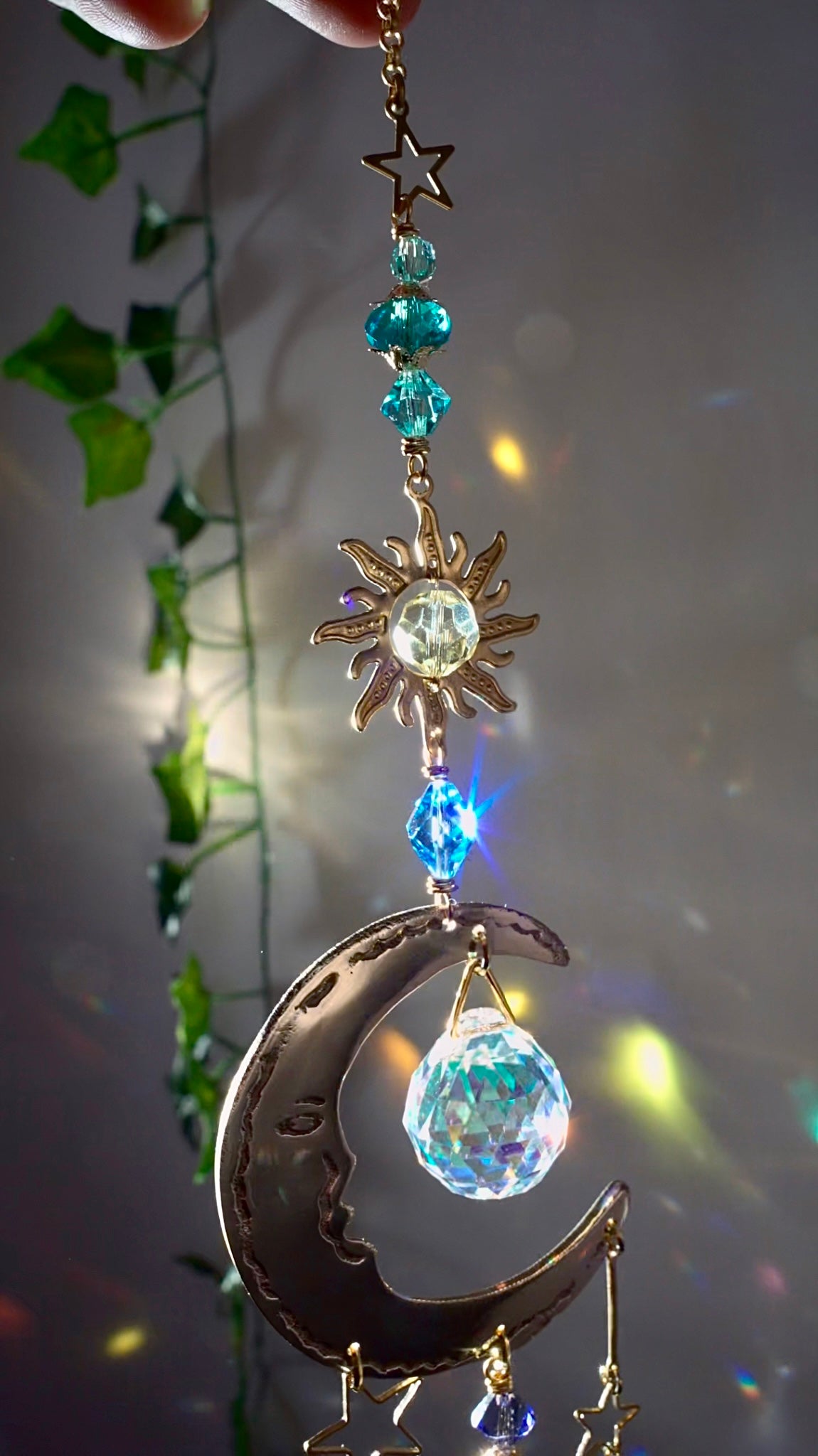 "Moon Gazer" ~ Mini Suncatcher, boho witchy room decor made with Brass and Crystal Prisms