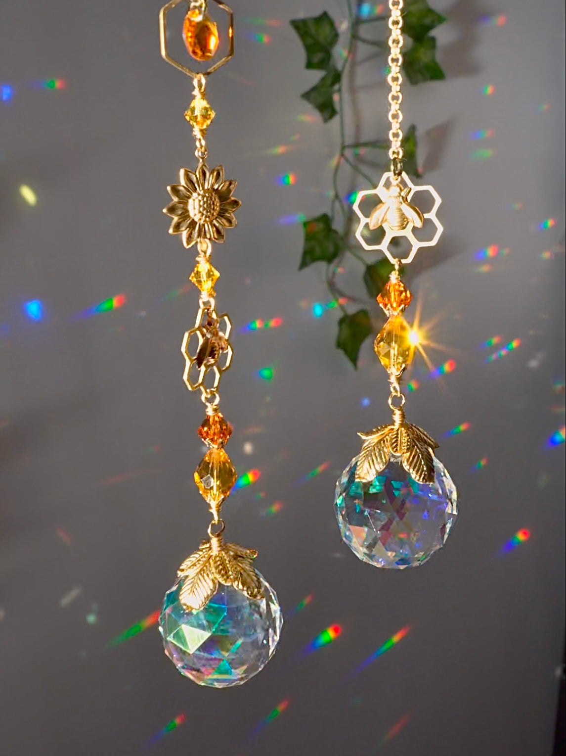 Honeycomb Bee Sunflower Crystal Ball Suncatcher Window Charm, made with ombré prisms and 18k Gold-Plated
