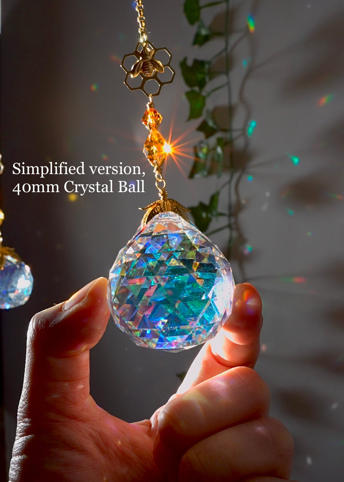 Honeycomb Bee Sunflower Crystal Ball Suncatcher Window Charm, made with ombré prisms and 18k Gold-Plated
