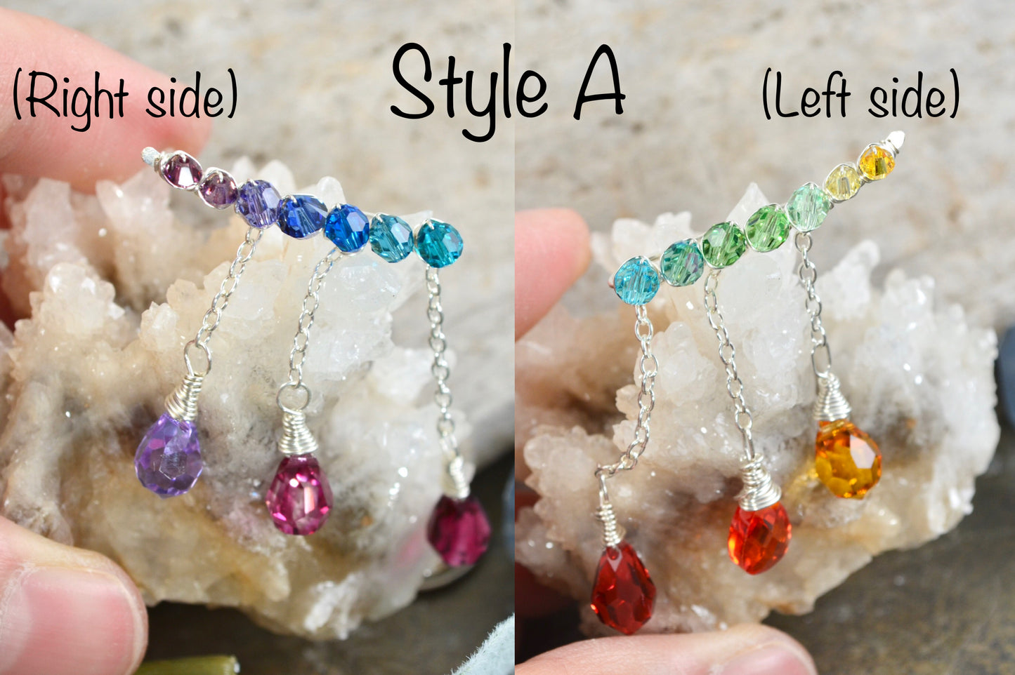 Rainbow Crystal dangly Ear Climbers in Sterling Silver or 14k Gold Fill, asymmetrical Crystal prism lgbtq pride ombré earrings