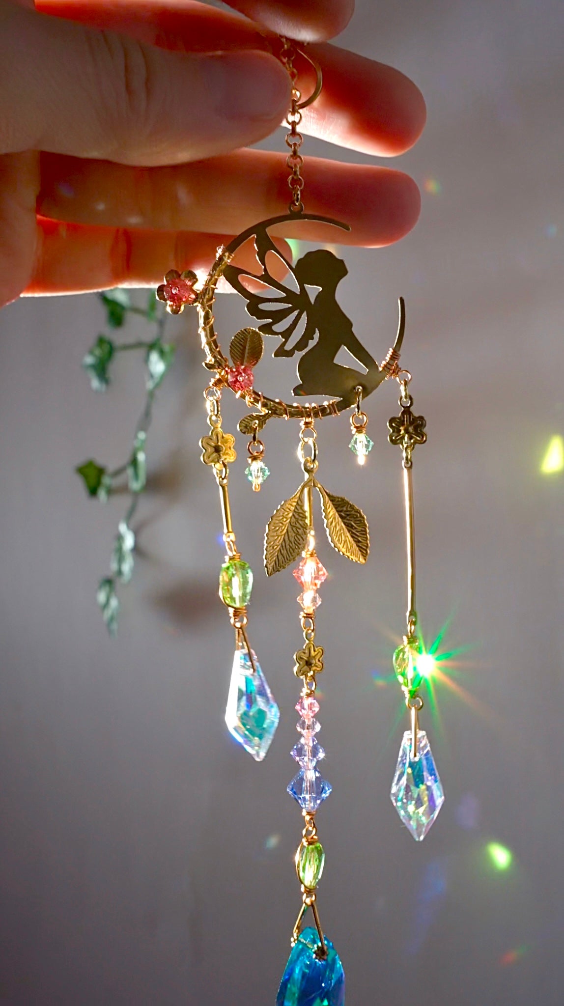 "Fairy Flora" Car Charm~ Fae with Flowers and Crescent Moon, ombré pastel crystal prism Rear View Mirror hanger accessories