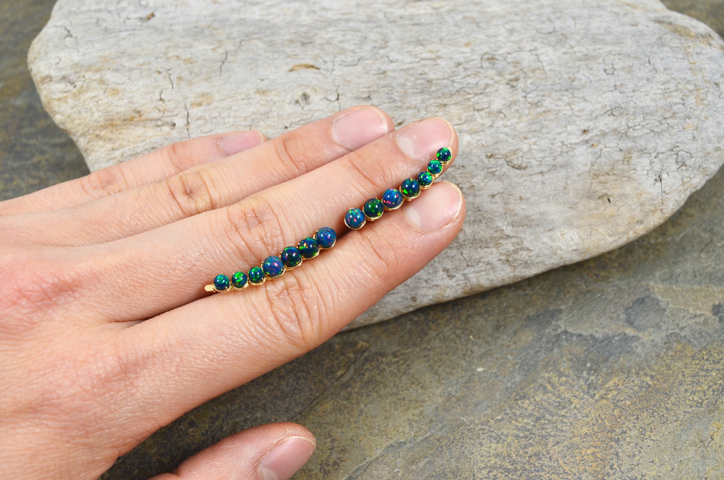 Black Opal Ear Climbers, in Sterling Silver or 14k Gold Filled