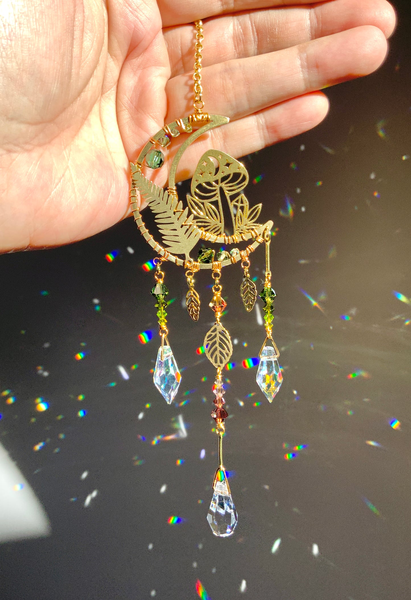 Woodland Moon Crystal Rear View Mirror Car Charm, Crescent Celestial auto decoration accessories made with 18k Gold-Plated