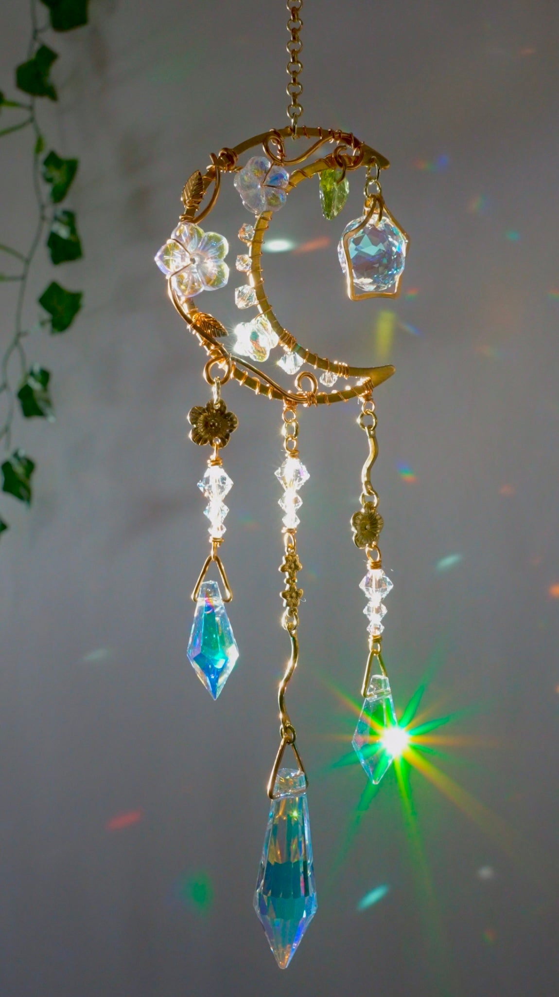 Moonflower Aura Crystal Rear View Mirror Car Charm, Crescent Celestial auto decoration accessories made with 18k Gold-Plated