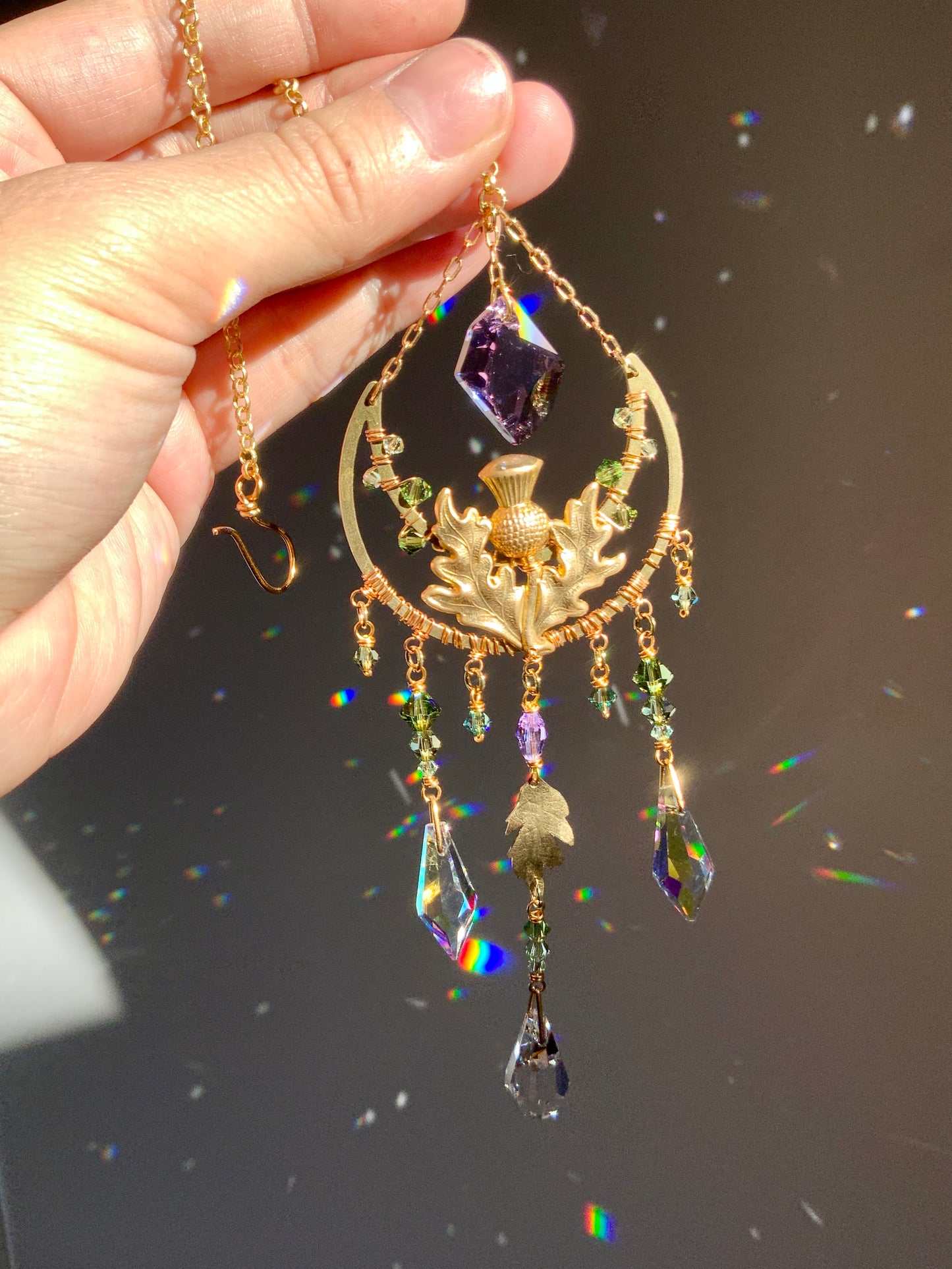Wild Thistle Crystal Rear View Mirror Car Charm, Floral Crescent Moon auto decoration accessories made with Brass