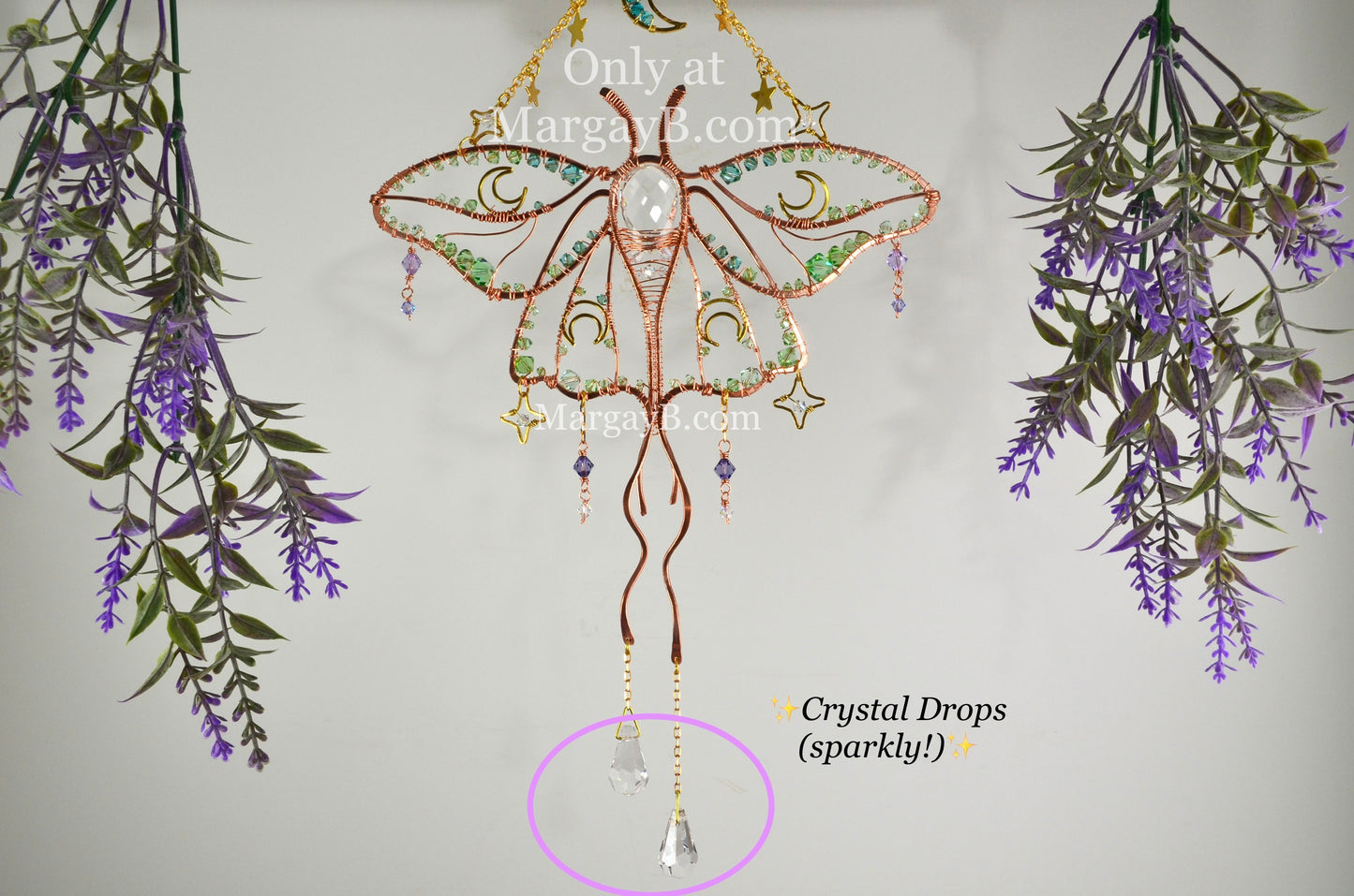 Luna Moth Moon Stars Suncatcher, boho witchy room decor rainbow maker Moth Necklace with raw crystal points