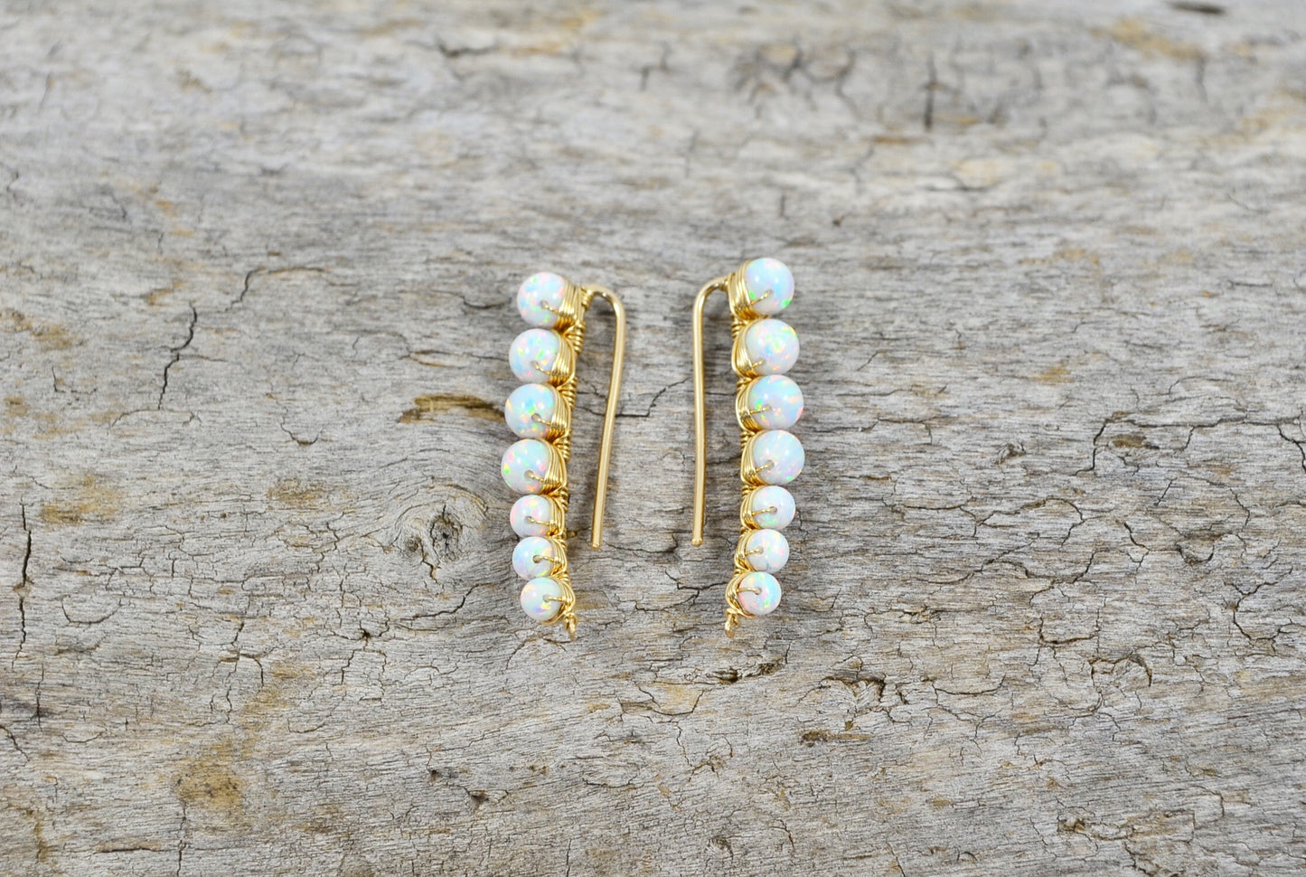 White Opal Ear Climbers, in Sterling Silver or 14k Gold Filled