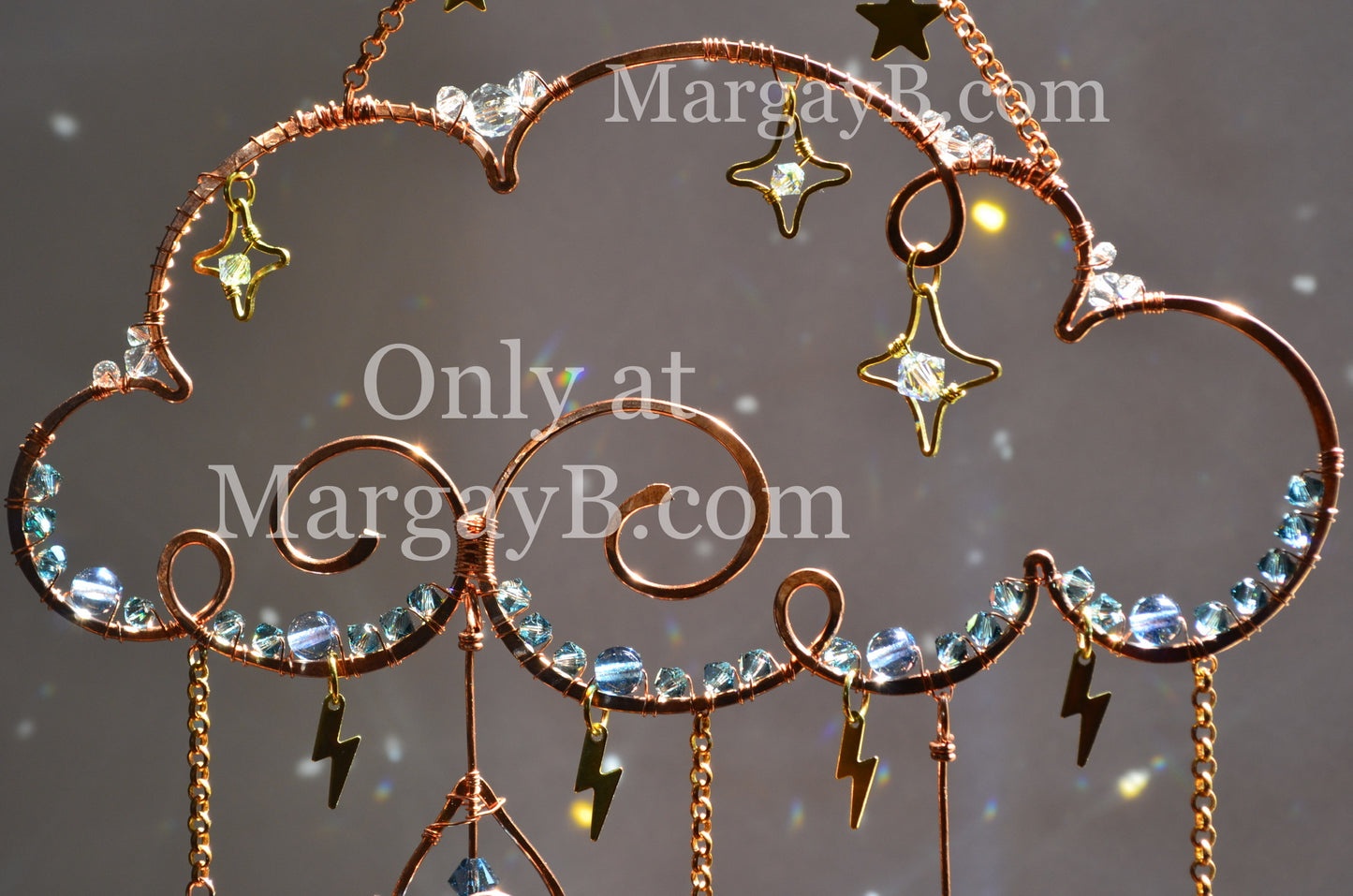 Rain Cloud Suncatcher with Moon, Stars, Lightning, and Crystal Raindrops
