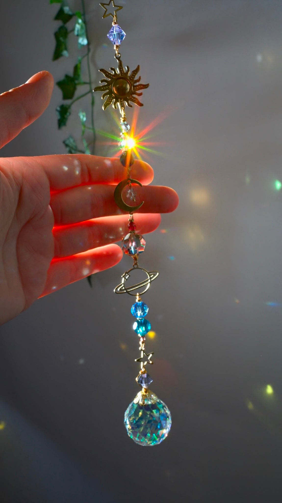 Solar System Crystal Ball Suncatcher Window Charm, celestial planetary hanger made with prisms and Brass