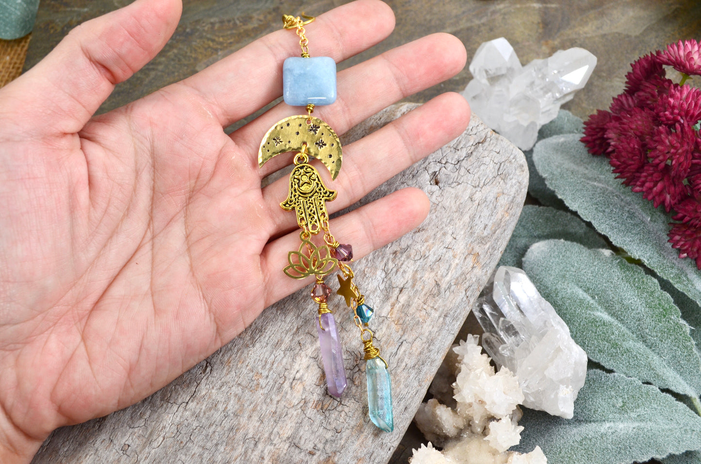 Aquamarine Hamsa Celestial Moon Rearview Mirror Car Charm, Aqua Aura Quartz point car crystal accessories