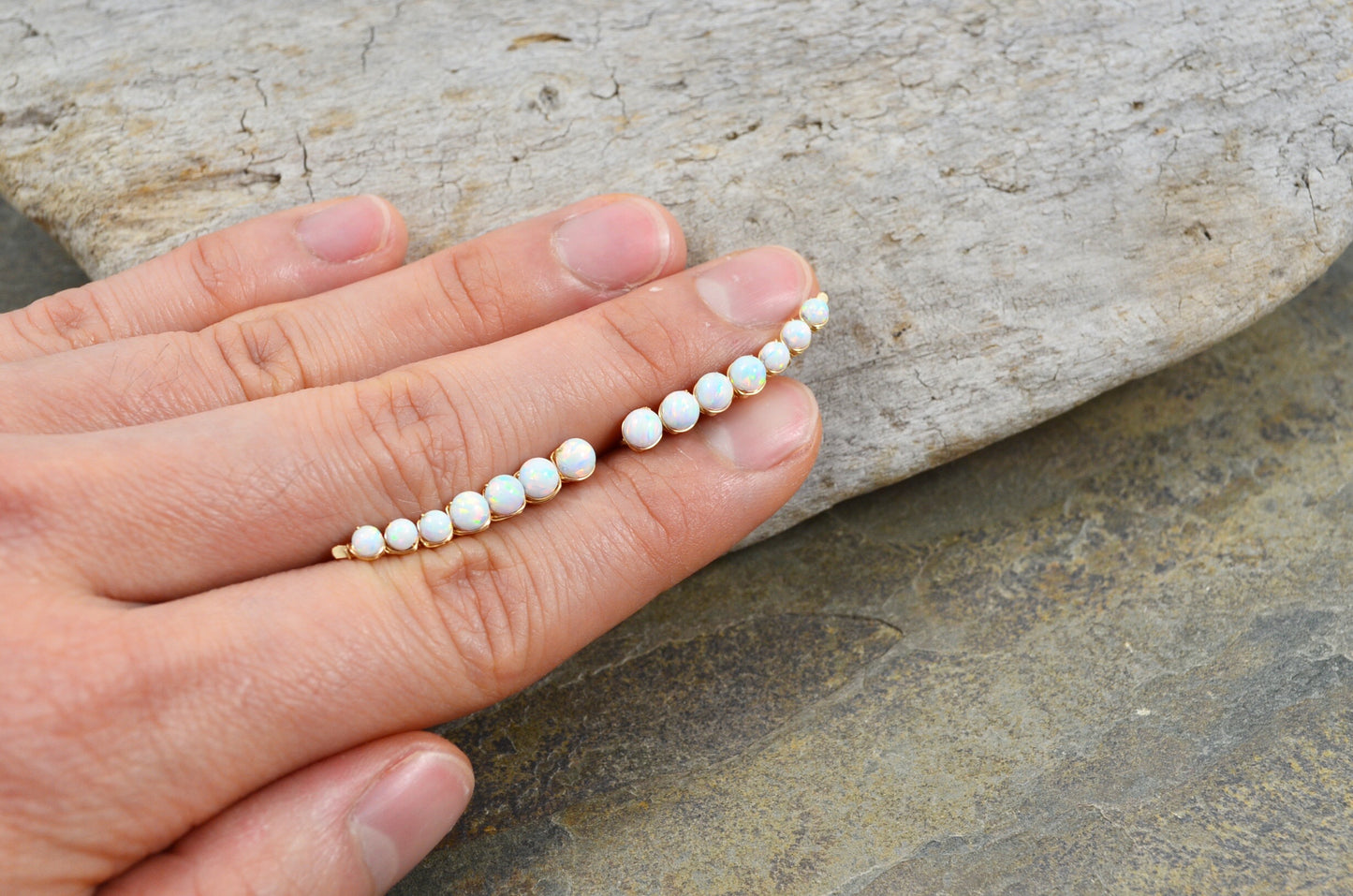 White Opal Ear Climbers, in Sterling Silver or 14k Gold Filled