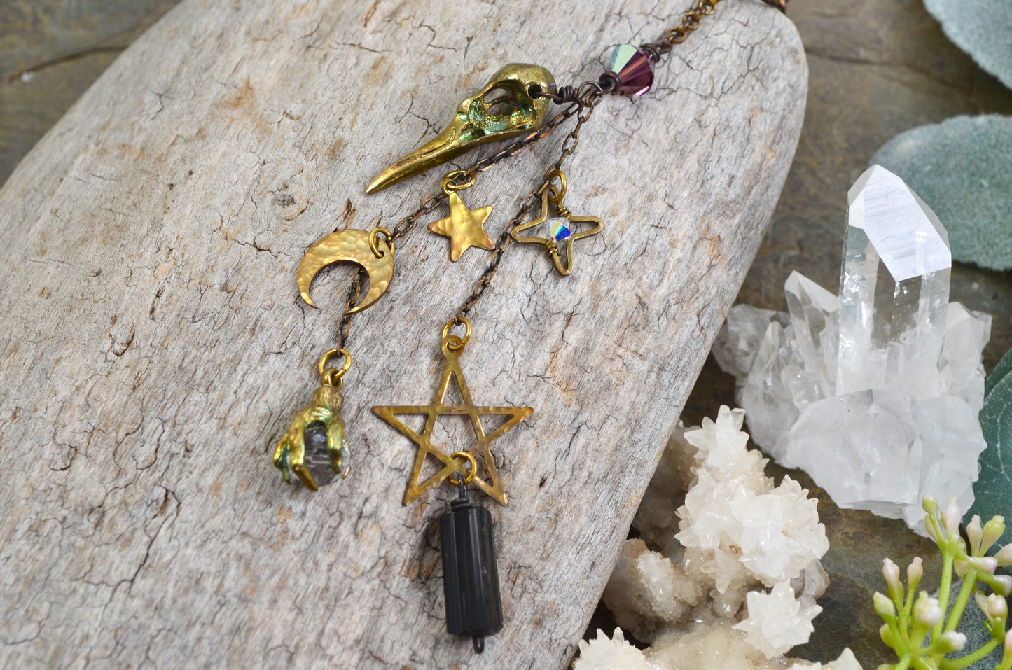 Raven Skull Moon Stars Rearview Mirror Car Charm, dark witchy room decor Black Tourmaline gothic car accessories