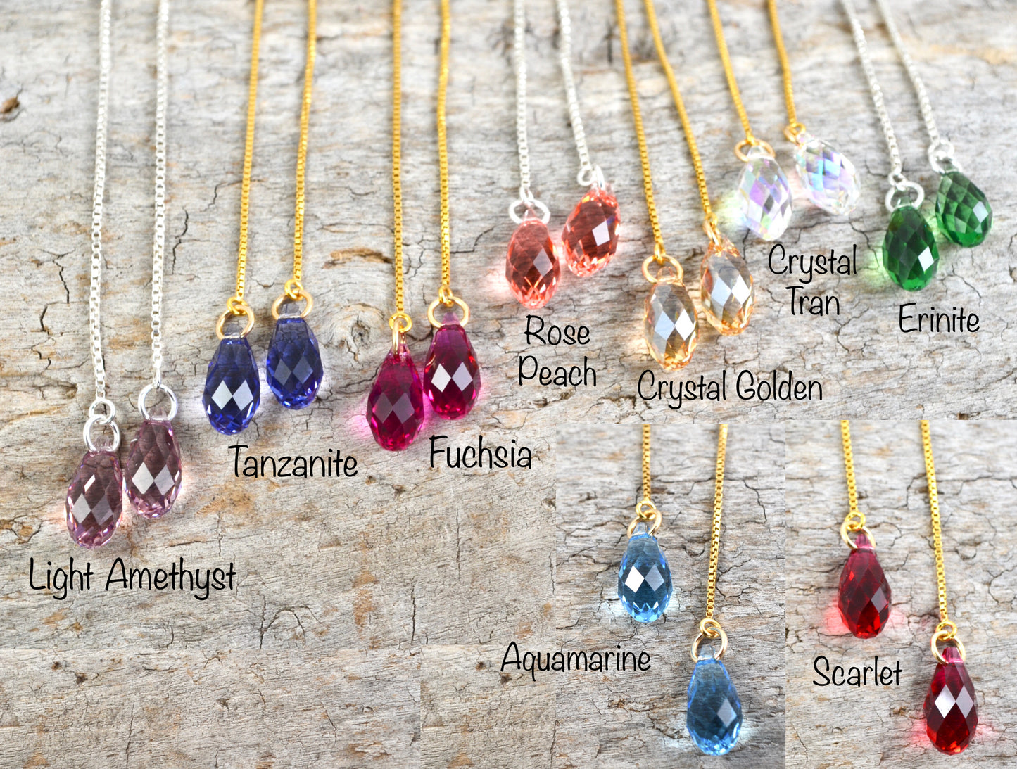 Long Crystal Ear Threaders in Sterling Silver or 14k Gold Filled; Choose your color