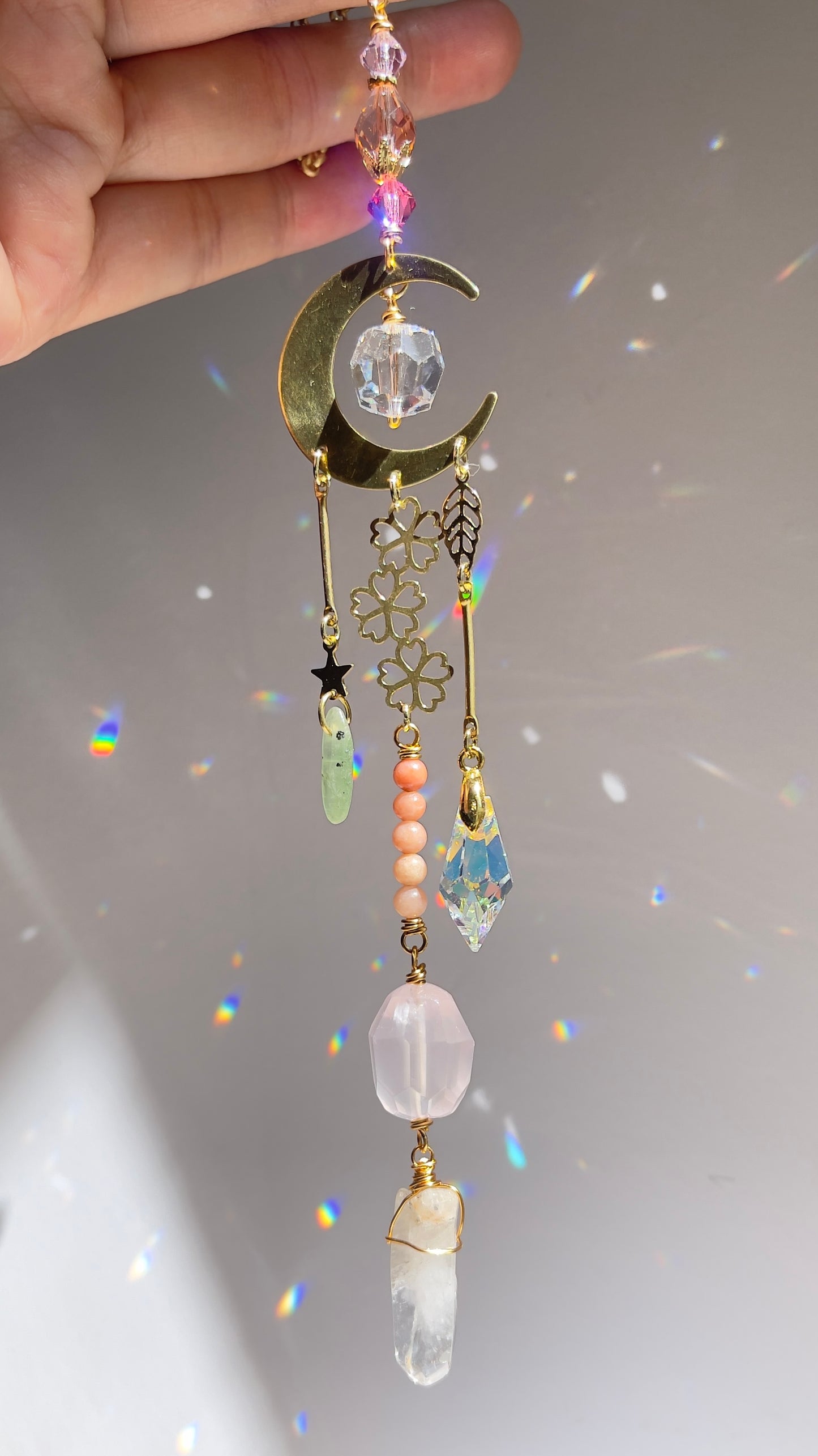 Cherry Blossom Car Charm with Rose Quartz, Pink Lepidolite gemstone with ombré Crystal prisms for car mirror accessories
