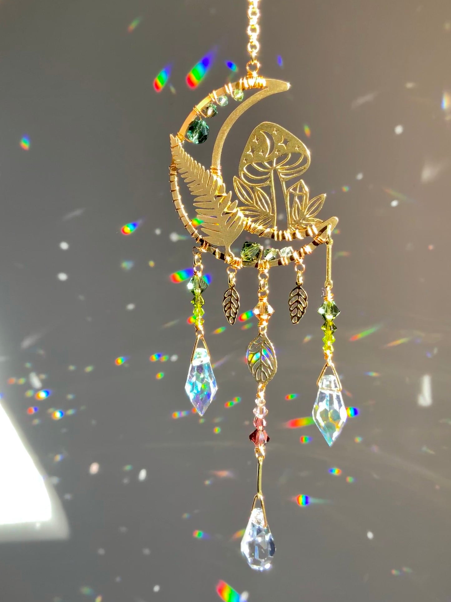 Woodland Moon Crystal Rear View Mirror Car Charm, Crescent Celestial auto decoration accessories made with 18k Gold-Plated