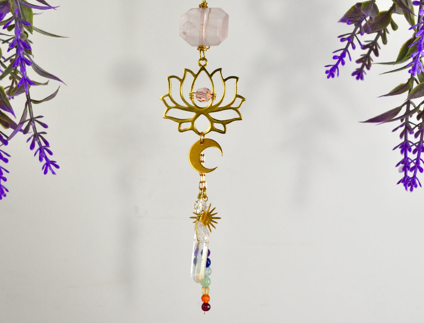 Lotus Chakra Rearview Mirror Car Charm, Rose Quartz Aura Quartz point Sun Moon car crystal accessories