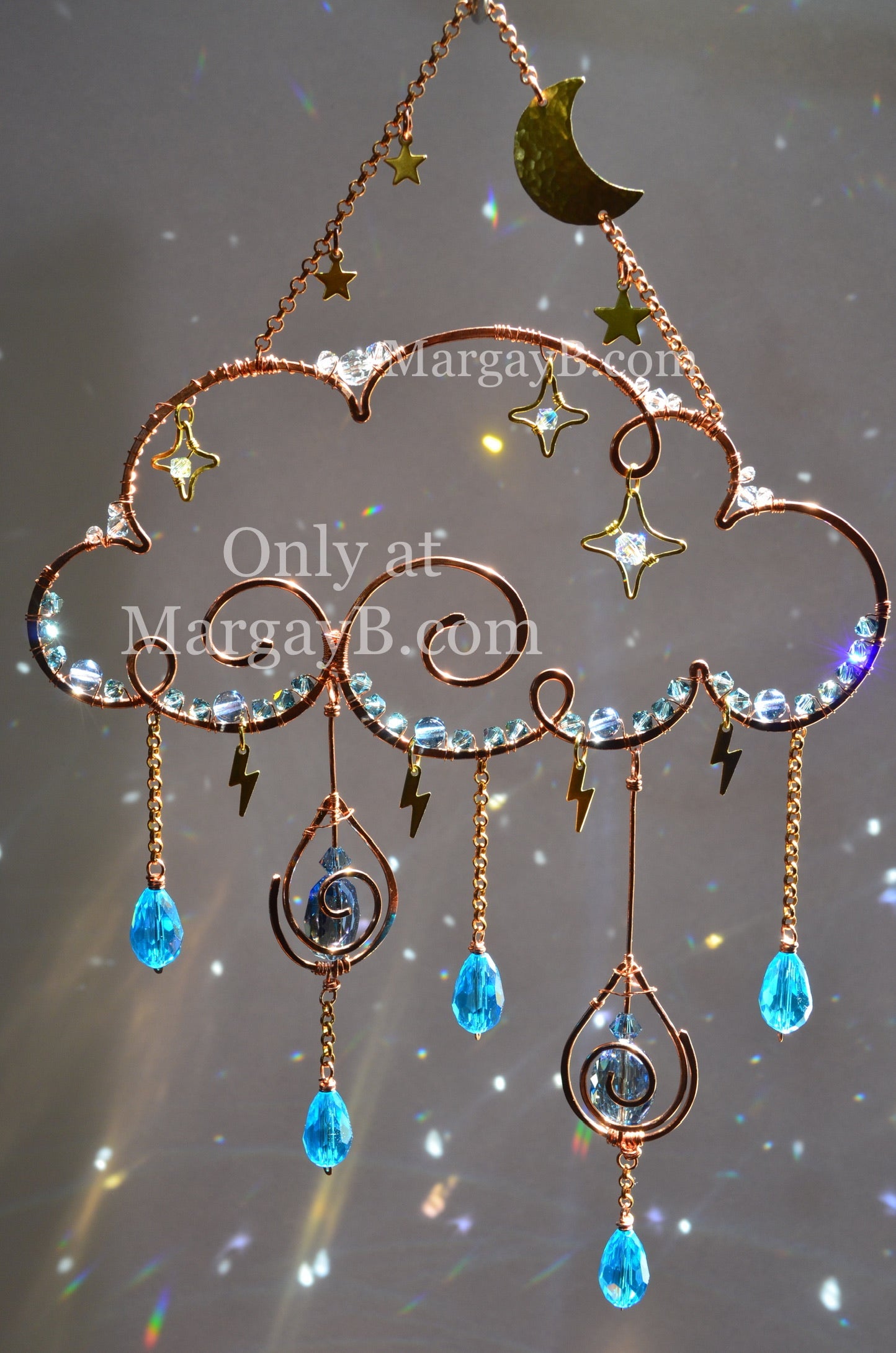 Rain Cloud Suncatcher with Moon, Stars, Lightning, and Crystal Raindrops