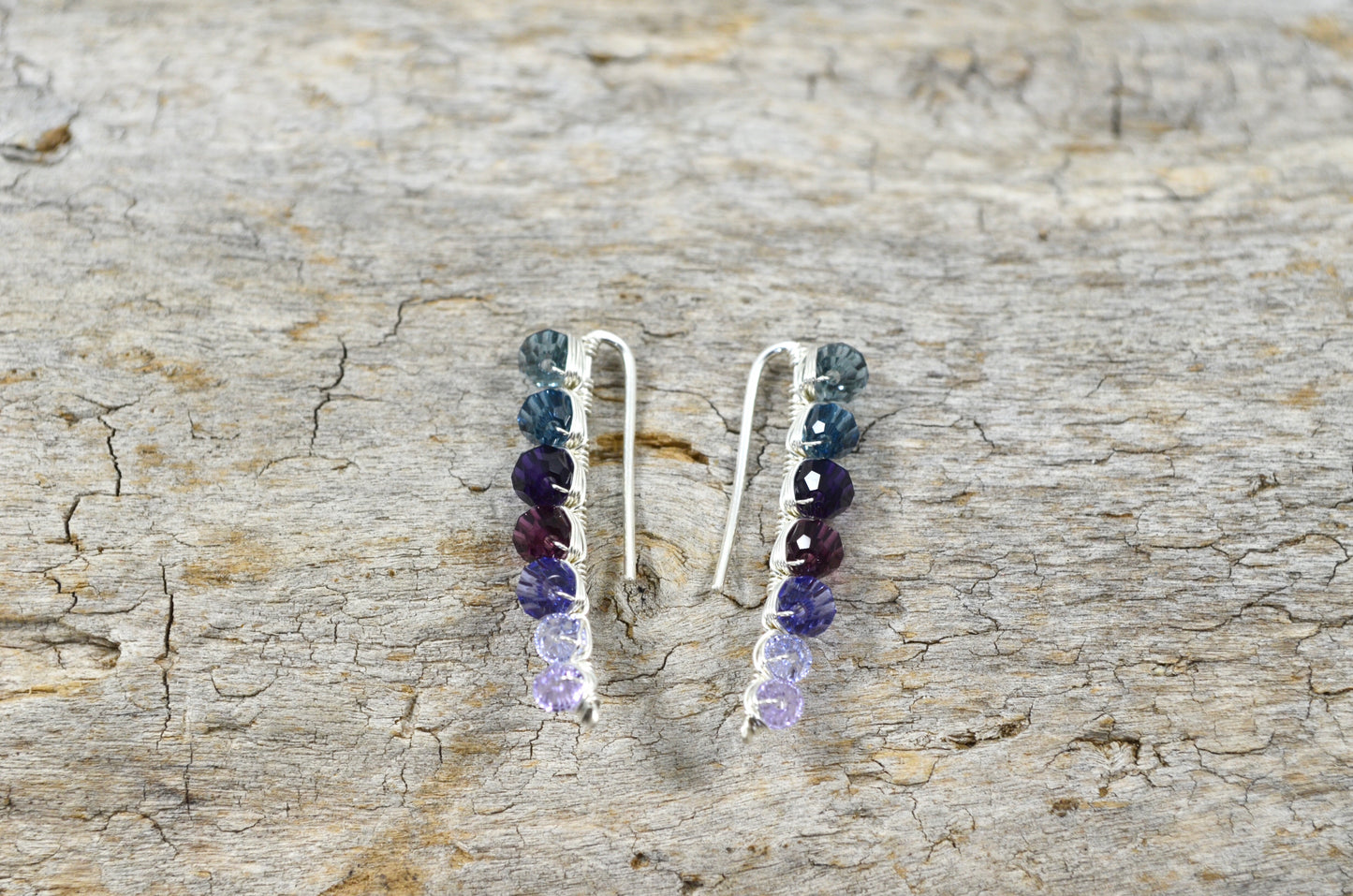 Purple Violet ombré Crystal Ear Climbers in Sterling Silver or 14k Gold Fill, ear crawler earrings