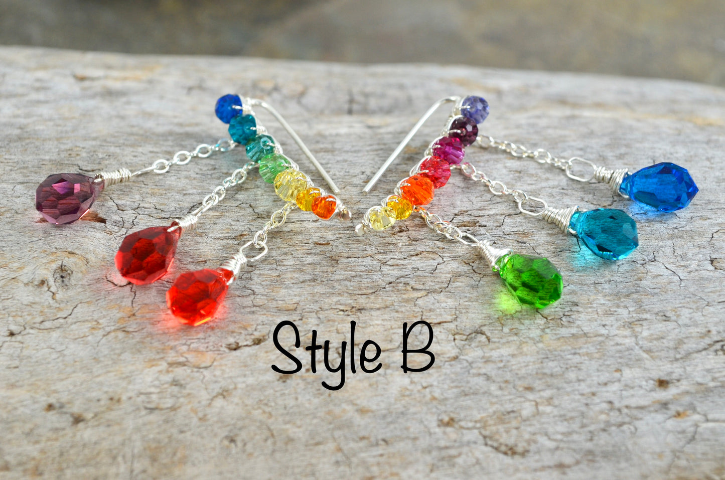Rainbow Crystal dangly Ear Climbers in Sterling Silver or 14k Gold Fill, asymmetrical Crystal prism lgbtq pride ombré earrings