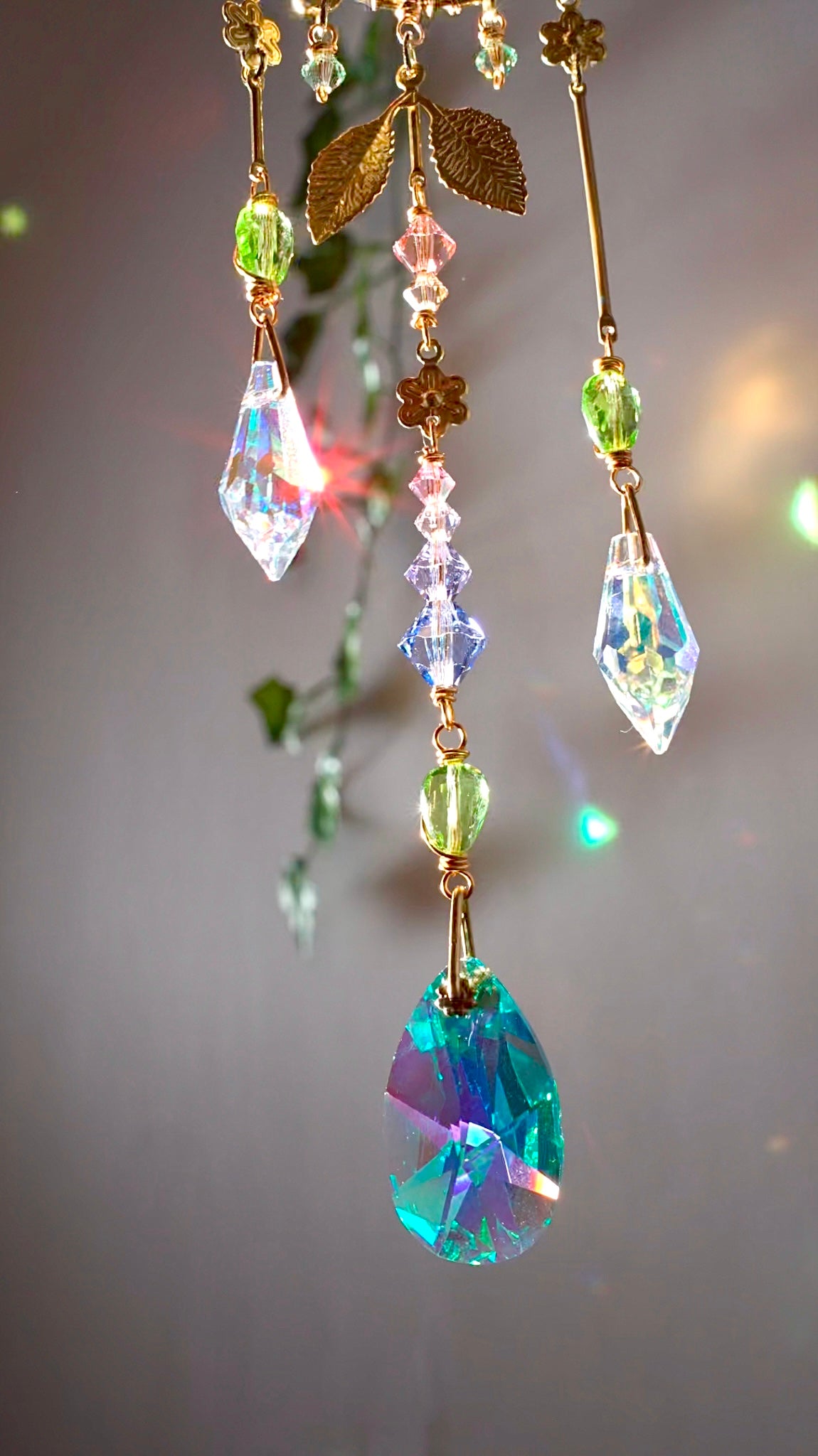 "Fairy Flora" Car Charm~ Fae with Flowers and Crescent Moon, ombré pastel crystal prism Rear View Mirror hanger accessories