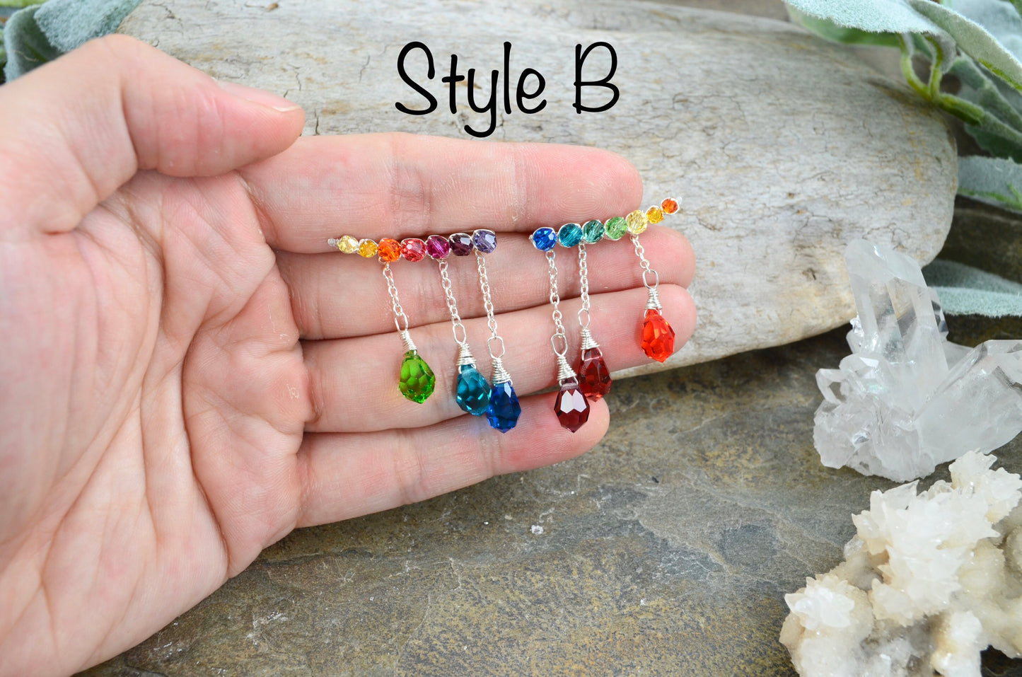 Rainbow Crystal dangly Ear Climbers in Sterling Silver or 14k Gold Fill, asymmetrical Crystal prism lgbtq pride ombré earrings