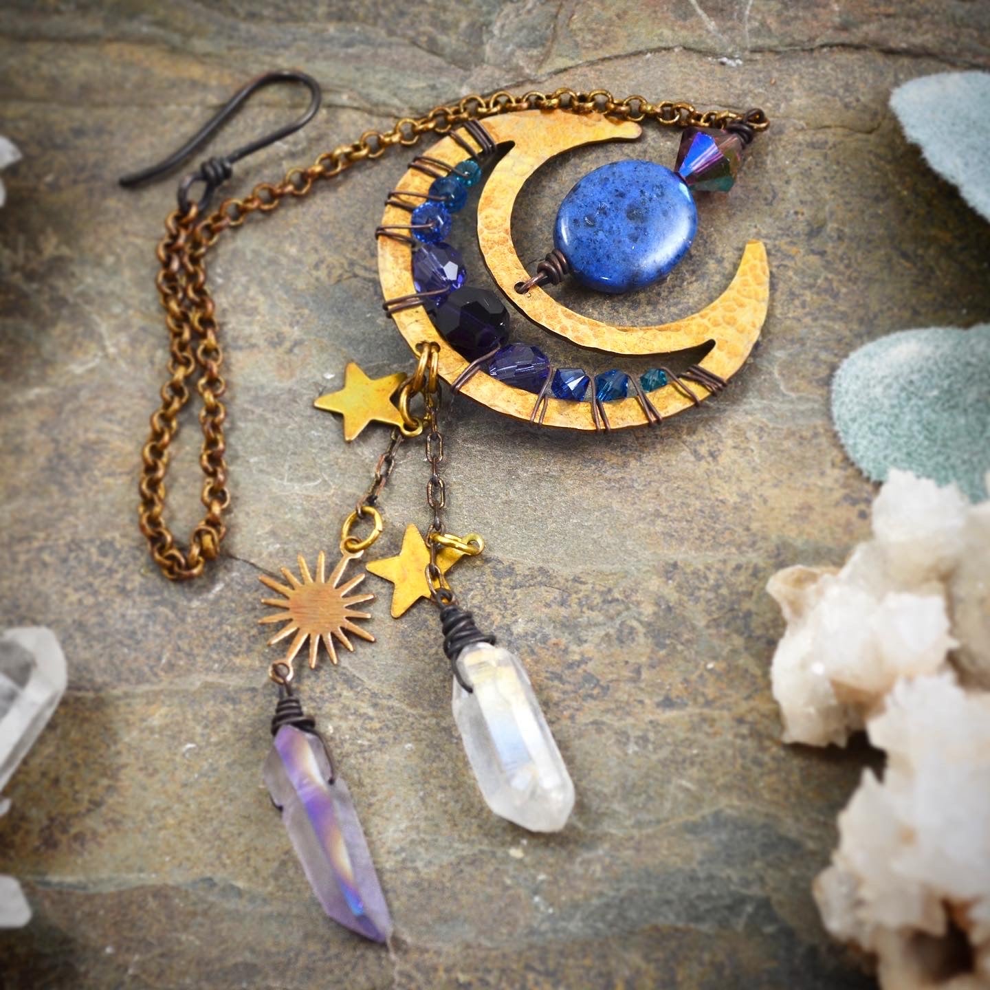 Sun Moon and Stars Rearview Mirror Car Charm, dark witchy decor Crystal prism car accessories