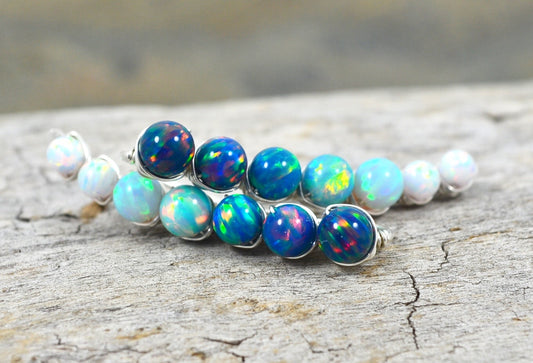 Blue White Opal Ear Climbers, in Sterling Silver or 14k Gold Filled