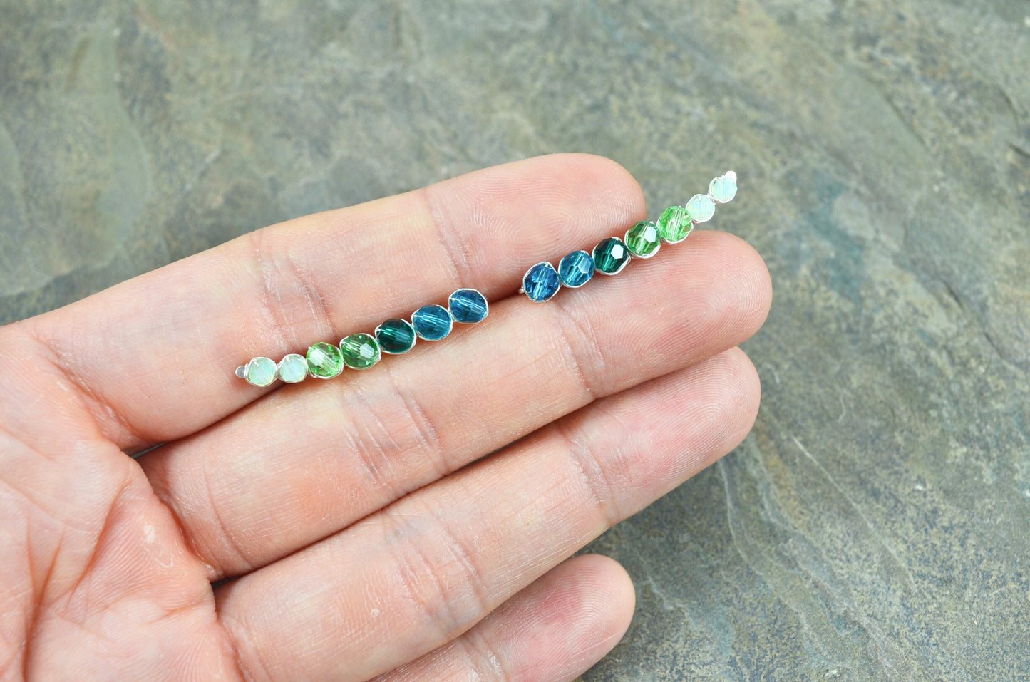 Teal Emerald Green ombré Crystal Ear Climbers in Sterling Silver or 14k Gold Fill, ear crawler earrings