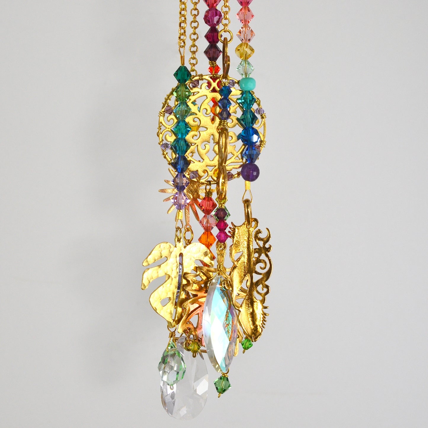 Boho Rear View Mirror Car Charm, Sun Crescent Moon Star Crystal prisms auto decoration accessories