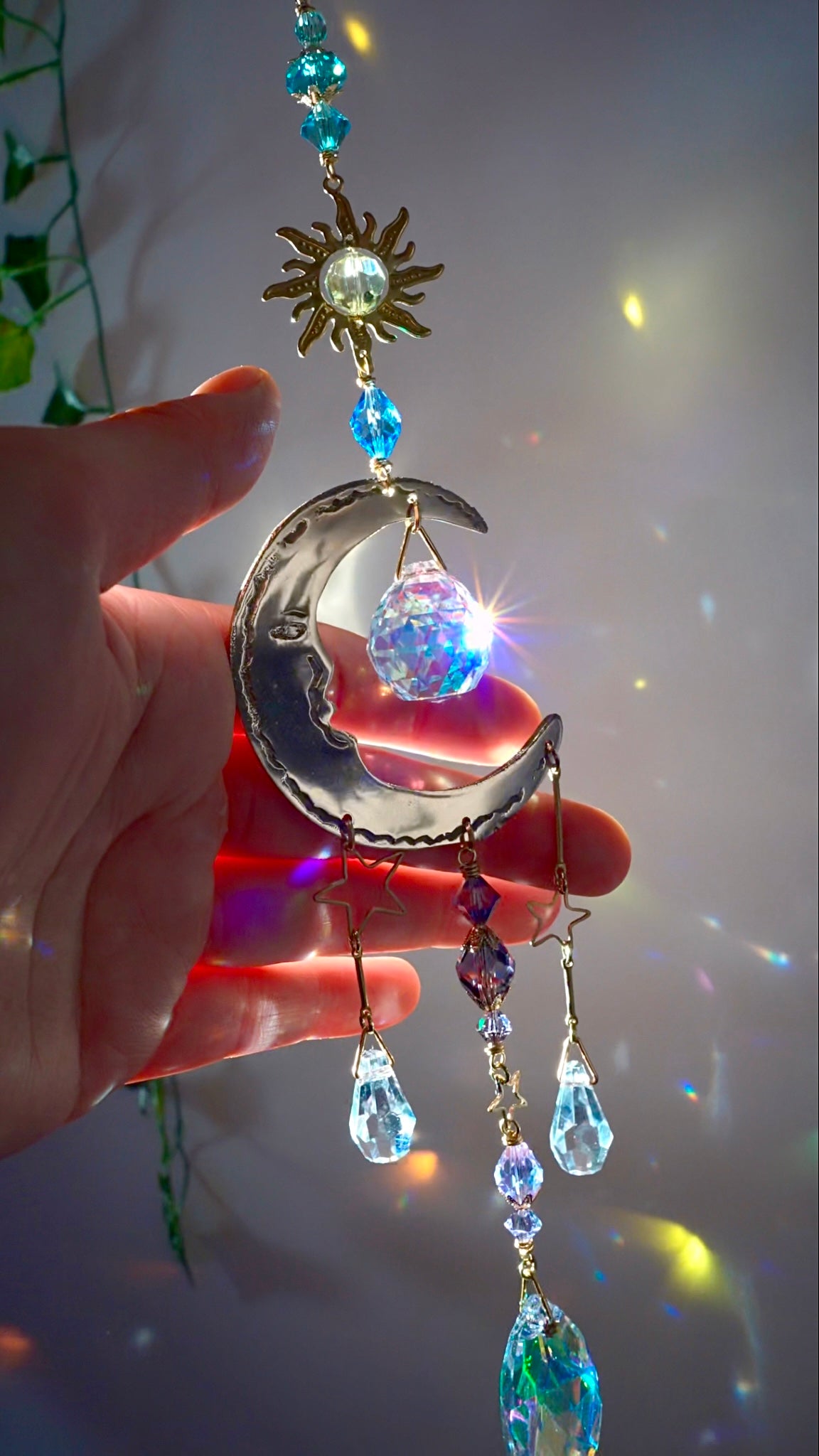 "Moon Gazer" ~ Mini Suncatcher, boho witchy room decor made with Brass and Crystal Prisms