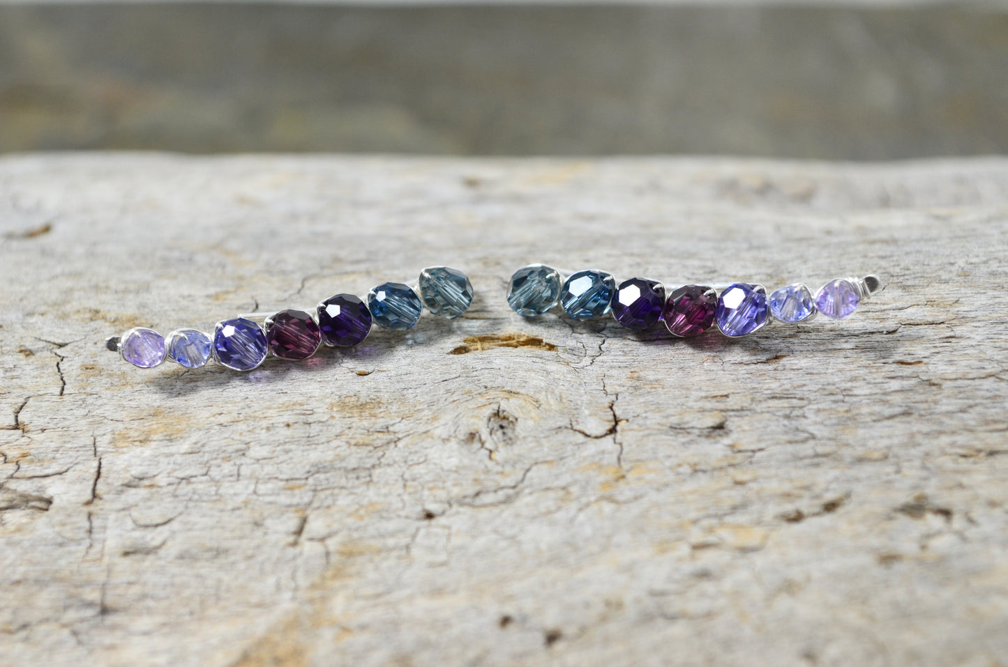Purple Violet ombré Crystal Ear Climbers in Sterling Silver or 14k Gold Fill, ear crawler earrings