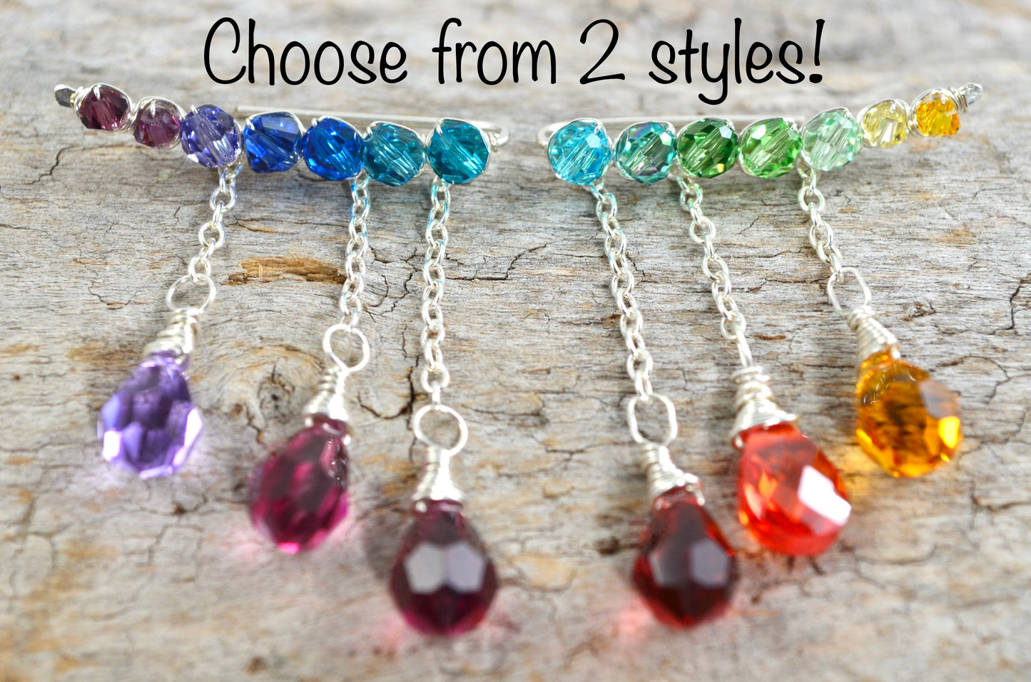 Rainbow Crystal dangly Ear Climbers in Sterling Silver or 14k Gold Fill, asymmetrical Crystal prism lgbtq pride ombré earrings
