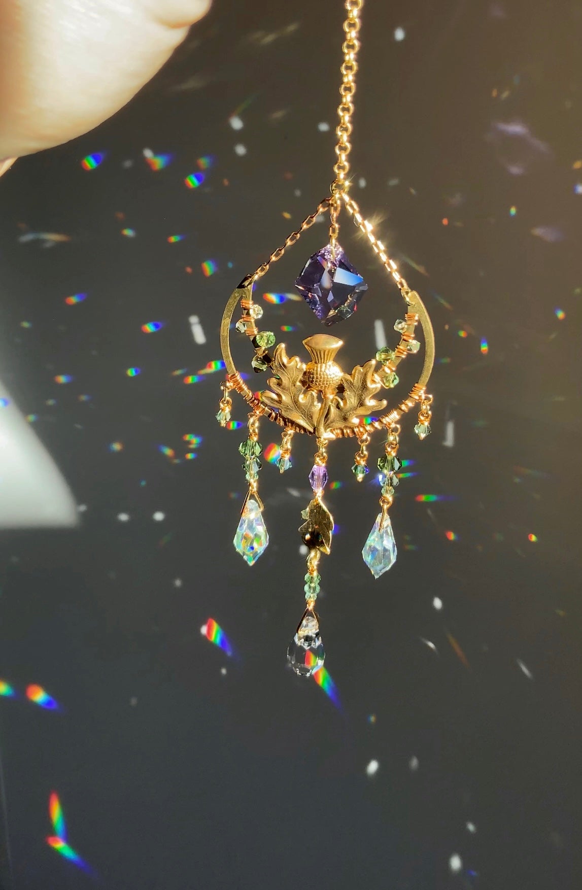 Wild Thistle Crystal Rear View Mirror Car Charm, Floral Crescent Moon auto decoration accessories made with Brass