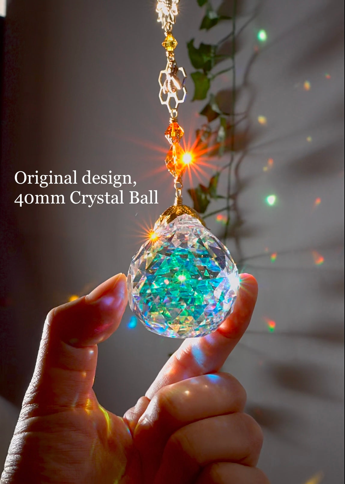 Honeycomb Bee Sunflower Crystal Ball Suncatcher Window Charm, made with ombré prisms and 18k Gold-Plated