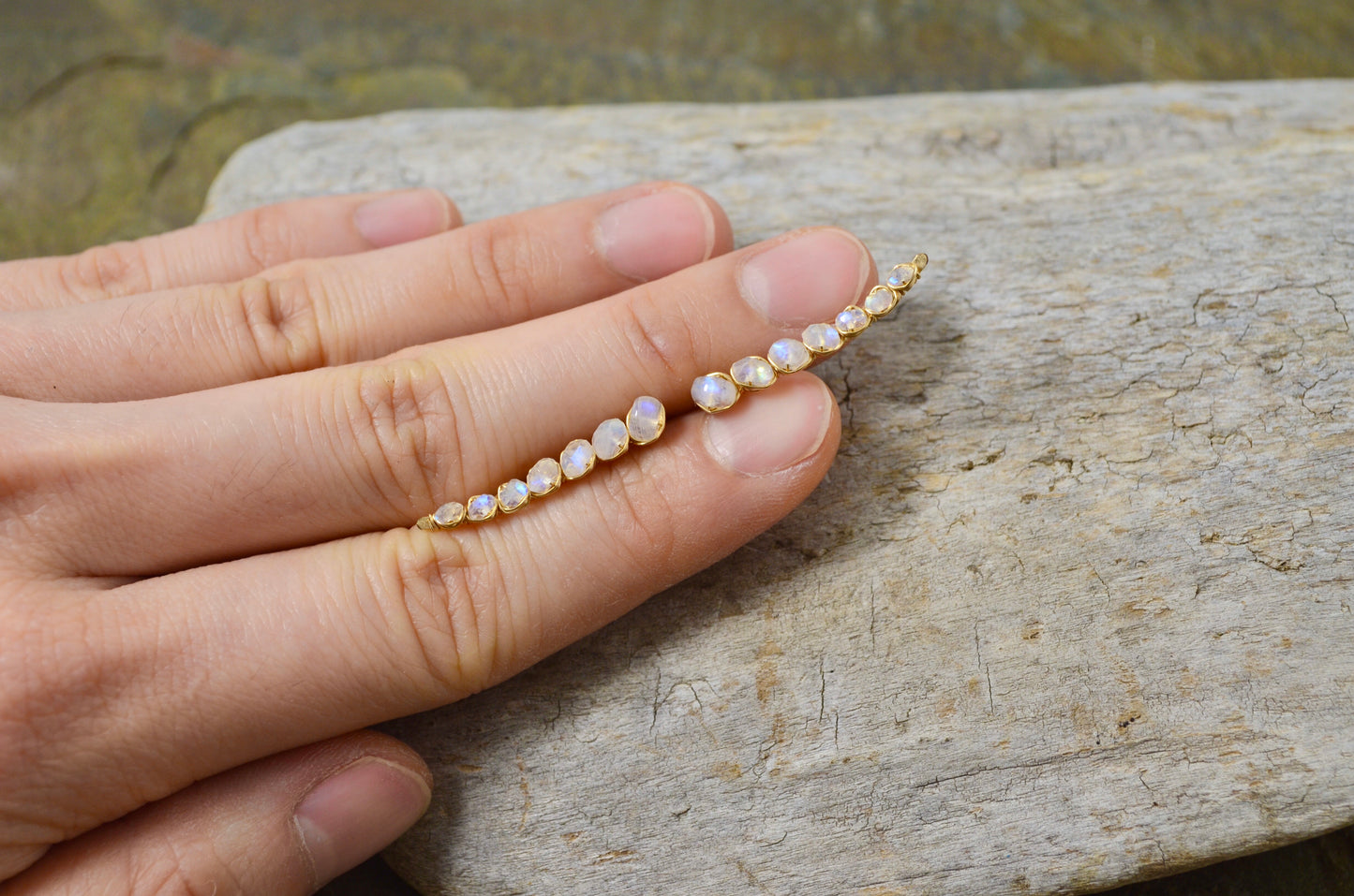 Rainbow Moonstone Ear Climbers in Sterling Silver or 14k Gold Fill, June Birthstone earrings
