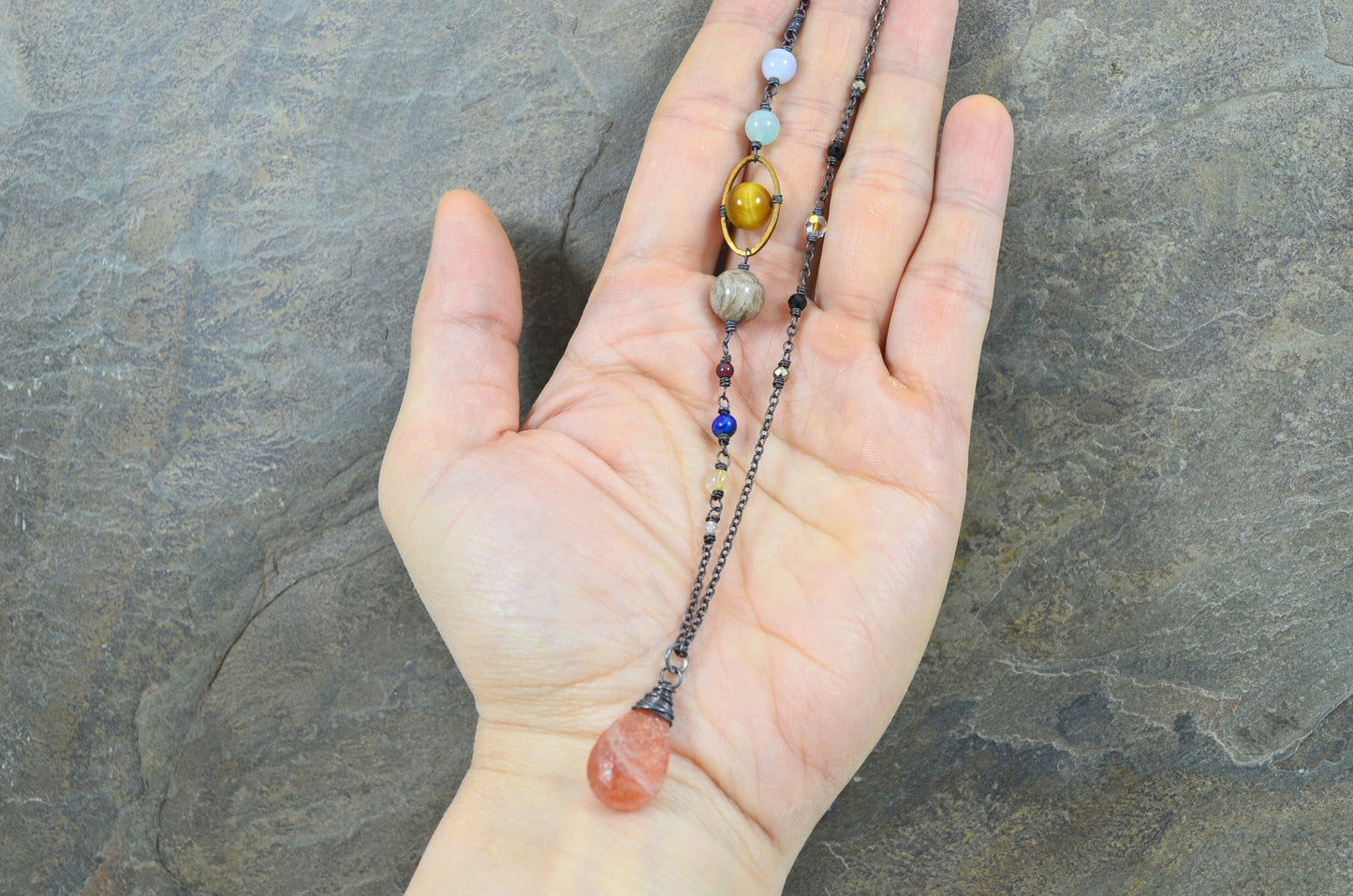 Solar System Necklace made with gemstones in Sterling Silver