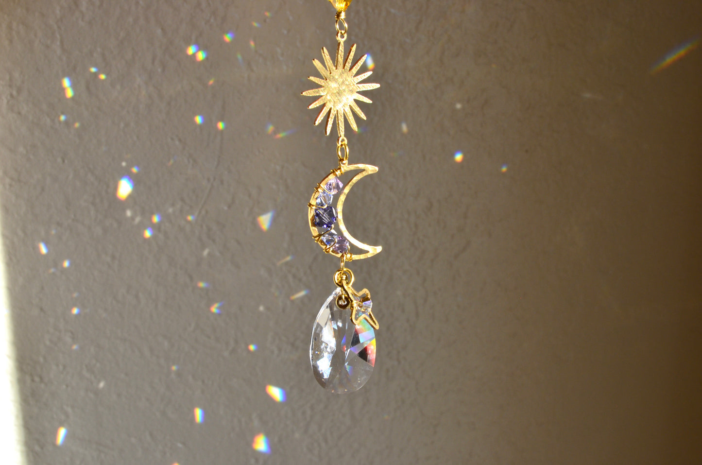 Boho Rear View Mirror Car Charm, Sun Crescent Moon Star Crystal prisms auto decoration accessories