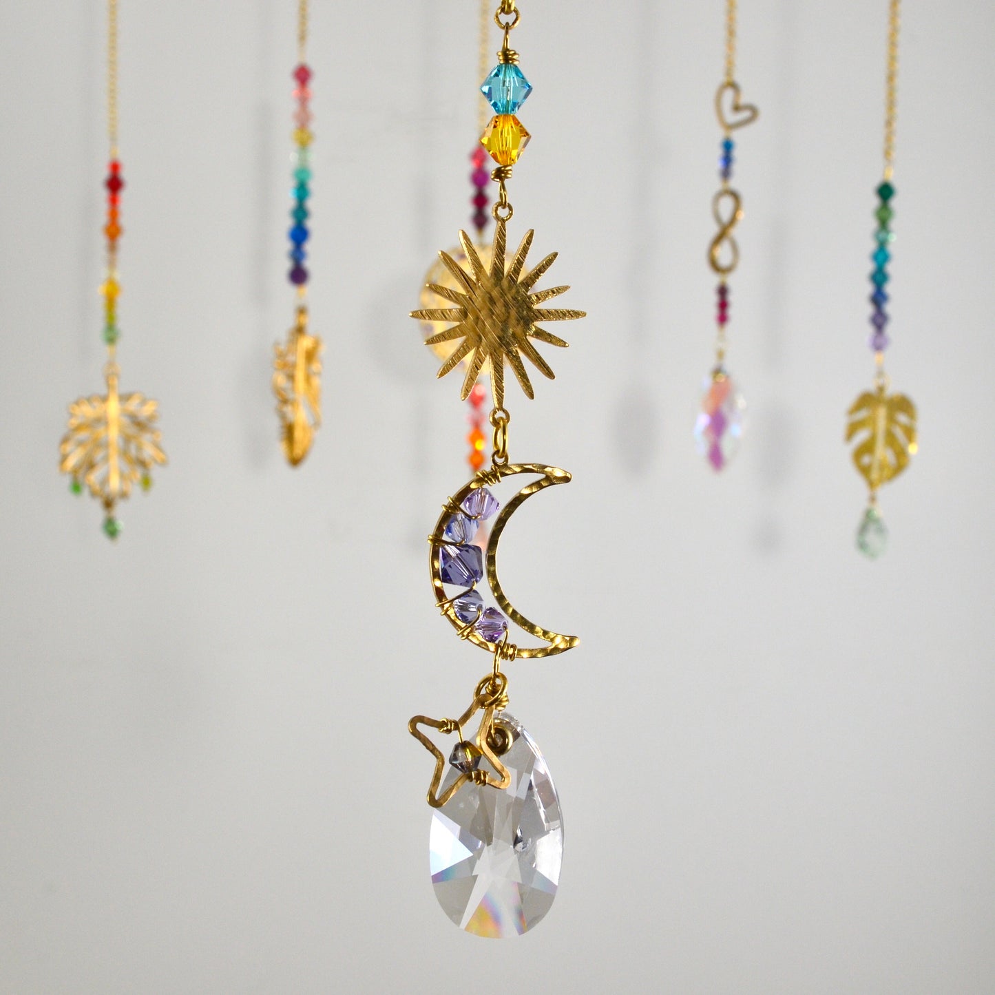 Boho Rear View Mirror Car Charm, Sun Crescent Moon Star Crystal prisms auto decoration accessories