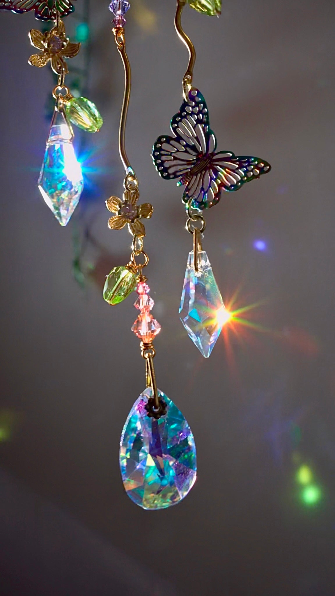 "Springtide" Car Charm~ Sun with Butterflies and Flowers, ombré pastel crystal prism Rear View Mirror hanger accessories