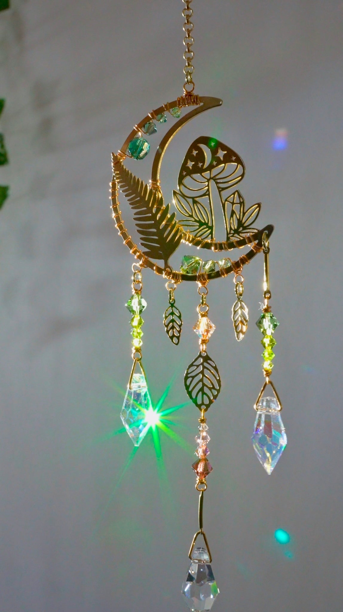 Woodland Moon Crystal Rear View Mirror Car Charm, Crescent Celestial auto decoration accessories made with 18k Gold-Plated