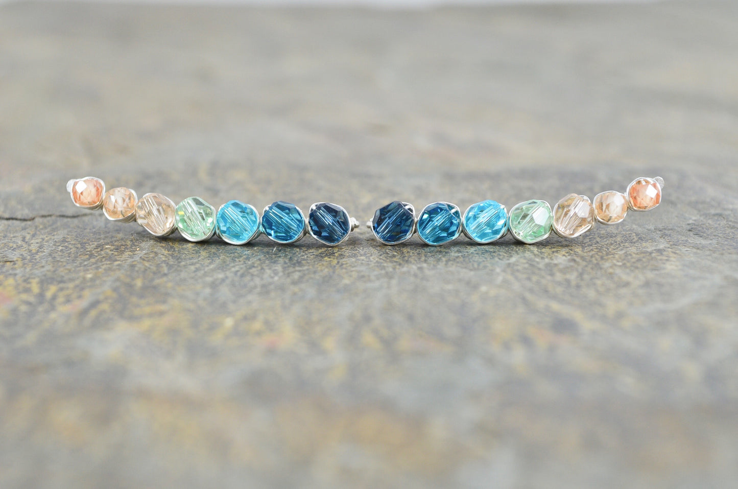 Tropical Bay inspired ombré Crystal Ear Climbers in Sterling Silver or 14k Gold Fill, ear crawler earrings