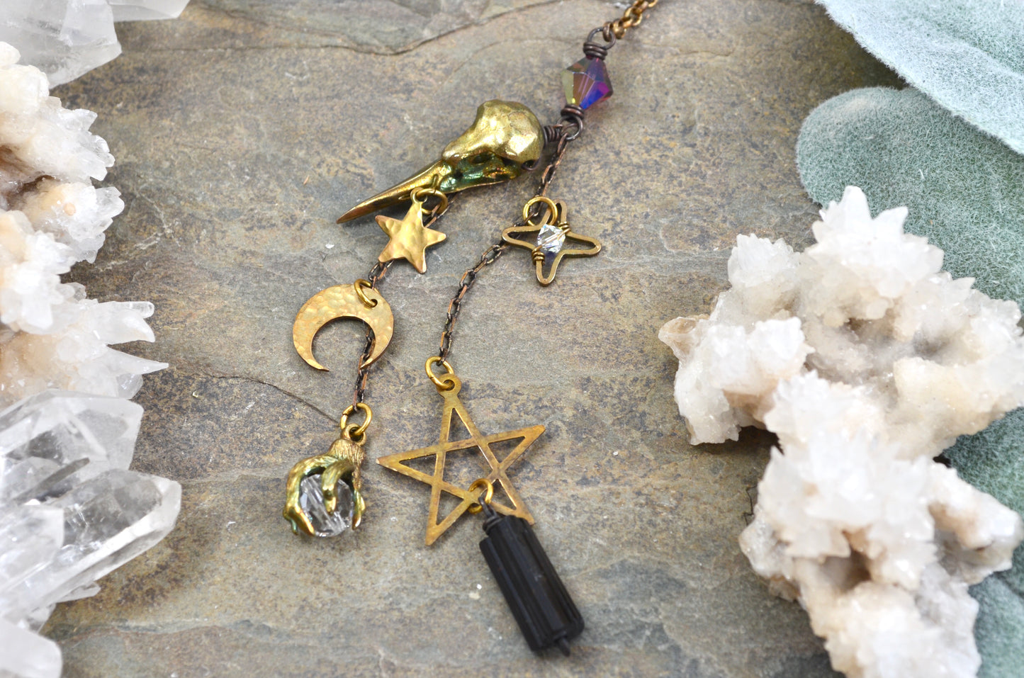 Raven Skull Moon Stars Rearview Mirror Car Charm, dark witchy room decor Black Tourmaline gothic car accessories