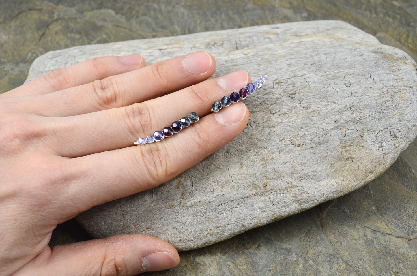 Purple Violet ombré Crystal Ear Climbers in Sterling Silver or 14k Gold Fill, ear crawler earrings
