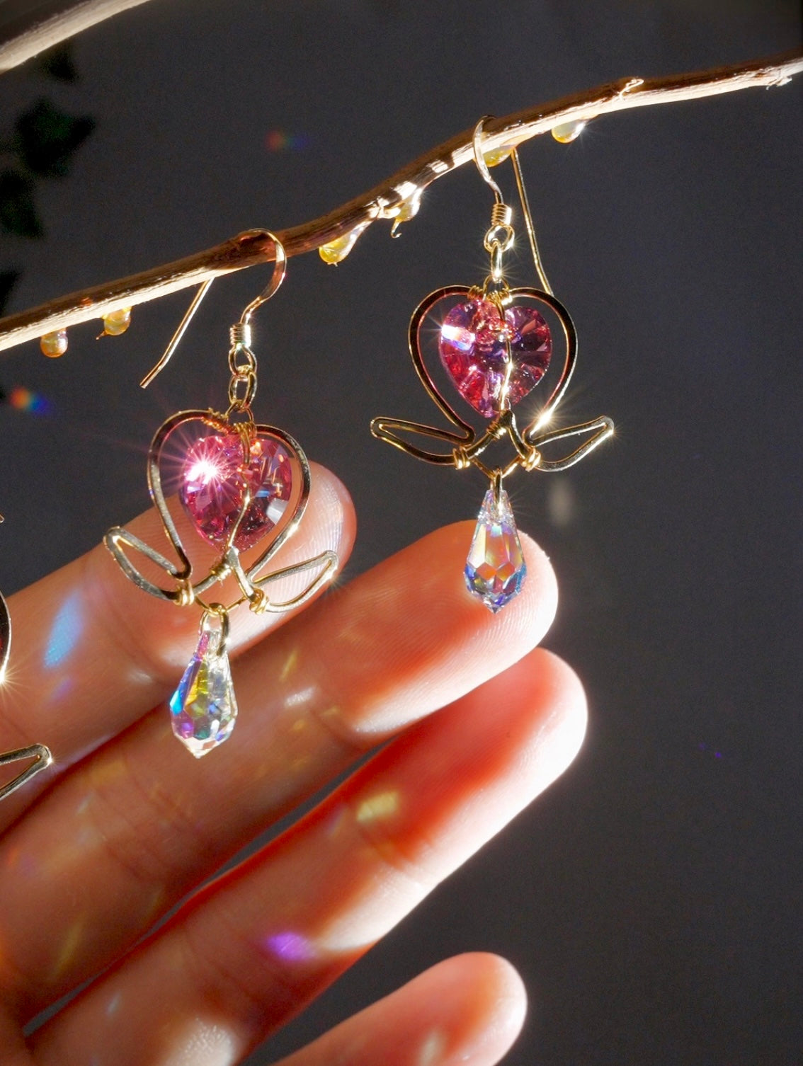 Preorder- Small Bleeding Heart Flower Earrings— Choose your Crystal Color