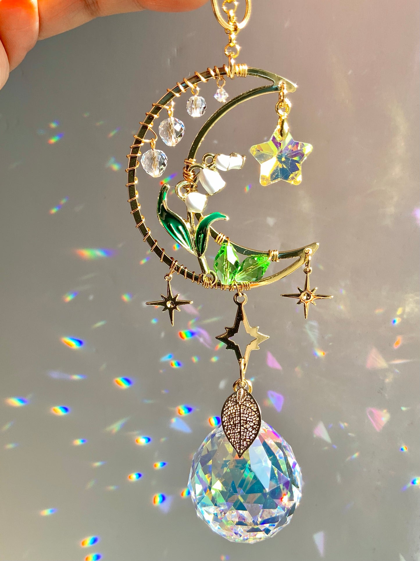 Lily of the Valley Moon Car Charm, 18k Gold-Plated May Birthflower Crystal Celestial Prism suncatcher, rearview mirror hanger