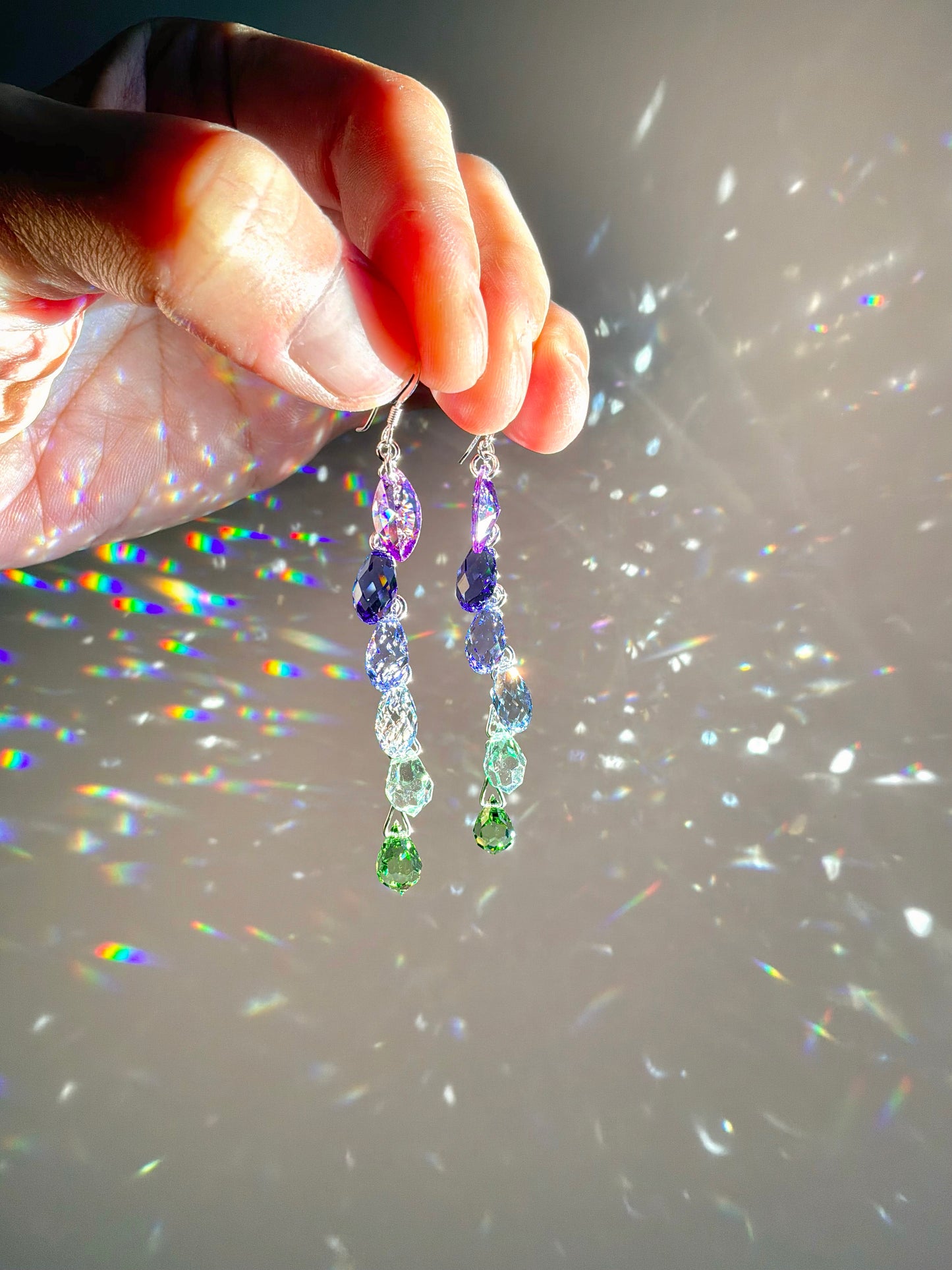 "Lavender & Sage" ~ *Luxe* Ombré Crystal Waterfall earrings, Sterling Silver or 14k Gold-Filled, indigo violet purple green jewelry