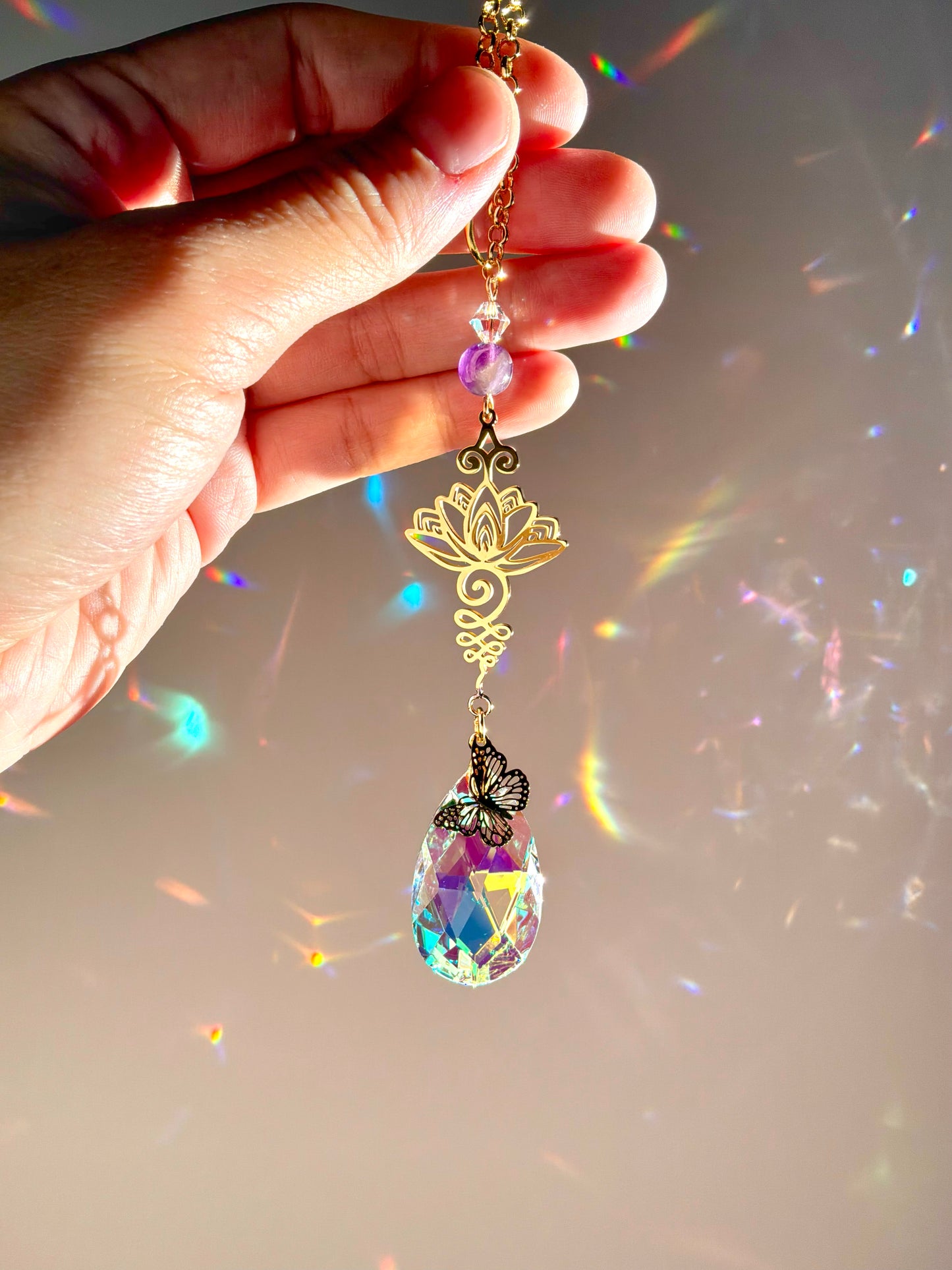Amethyst Lotus Unalome Car Charm, Floral Gemstone Crystal Prism Suncatcher, home decor or car mirror hanger